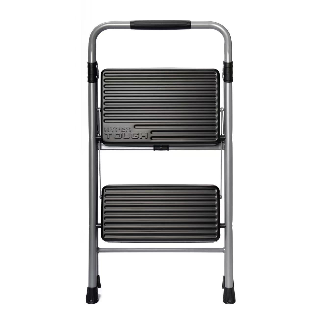 Hyper Tough Gray & Black 2-Step Steel Large Platform & Foldable Step Stool â€“ Holds up to 225 Pounds
