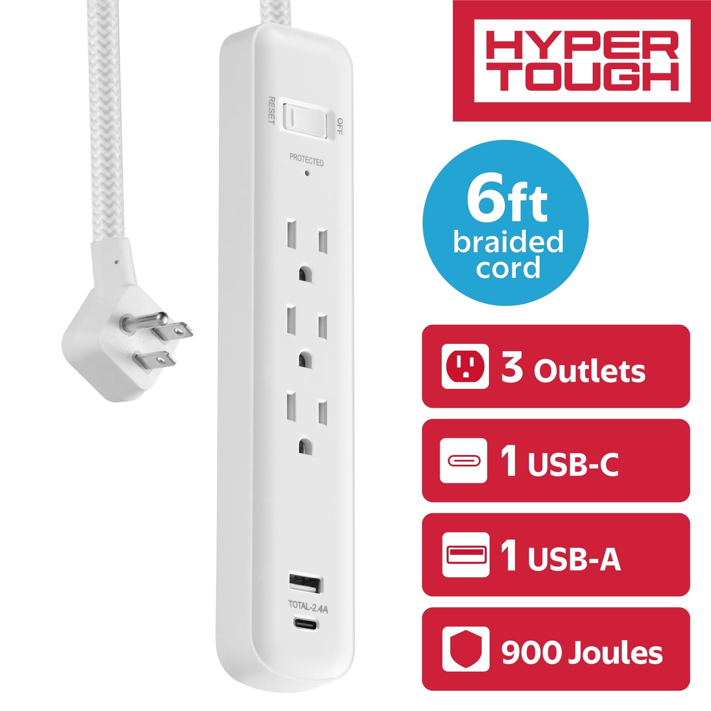 Hyper Tough Surge Protector Power Strip with USB-A & USB-C, 3 Outlets, 6ft Extension Cord, Black