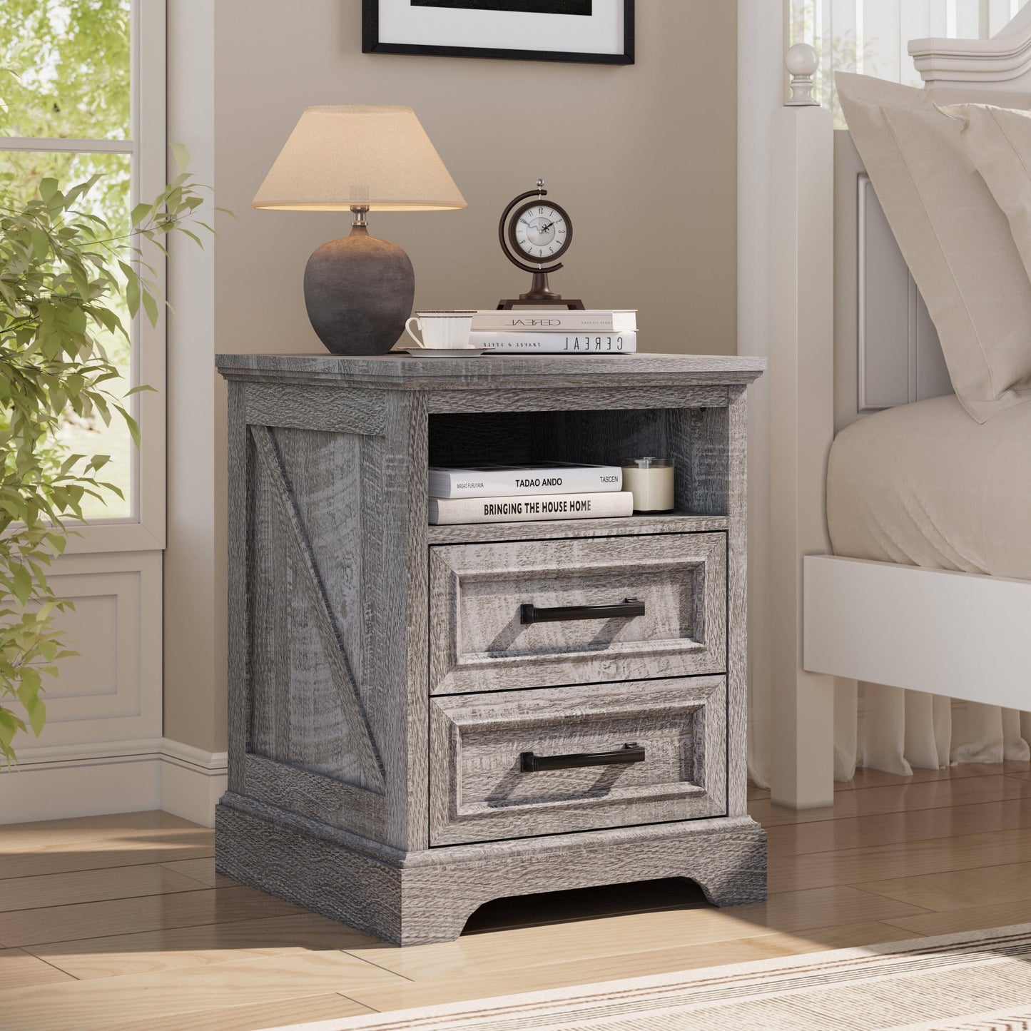IFMUST Farmhouse Nightstand with Charging Station and 2 Drawers, Rustic End Table with Barn Door & Open Shelf for Bedroom, Living Room, Grey