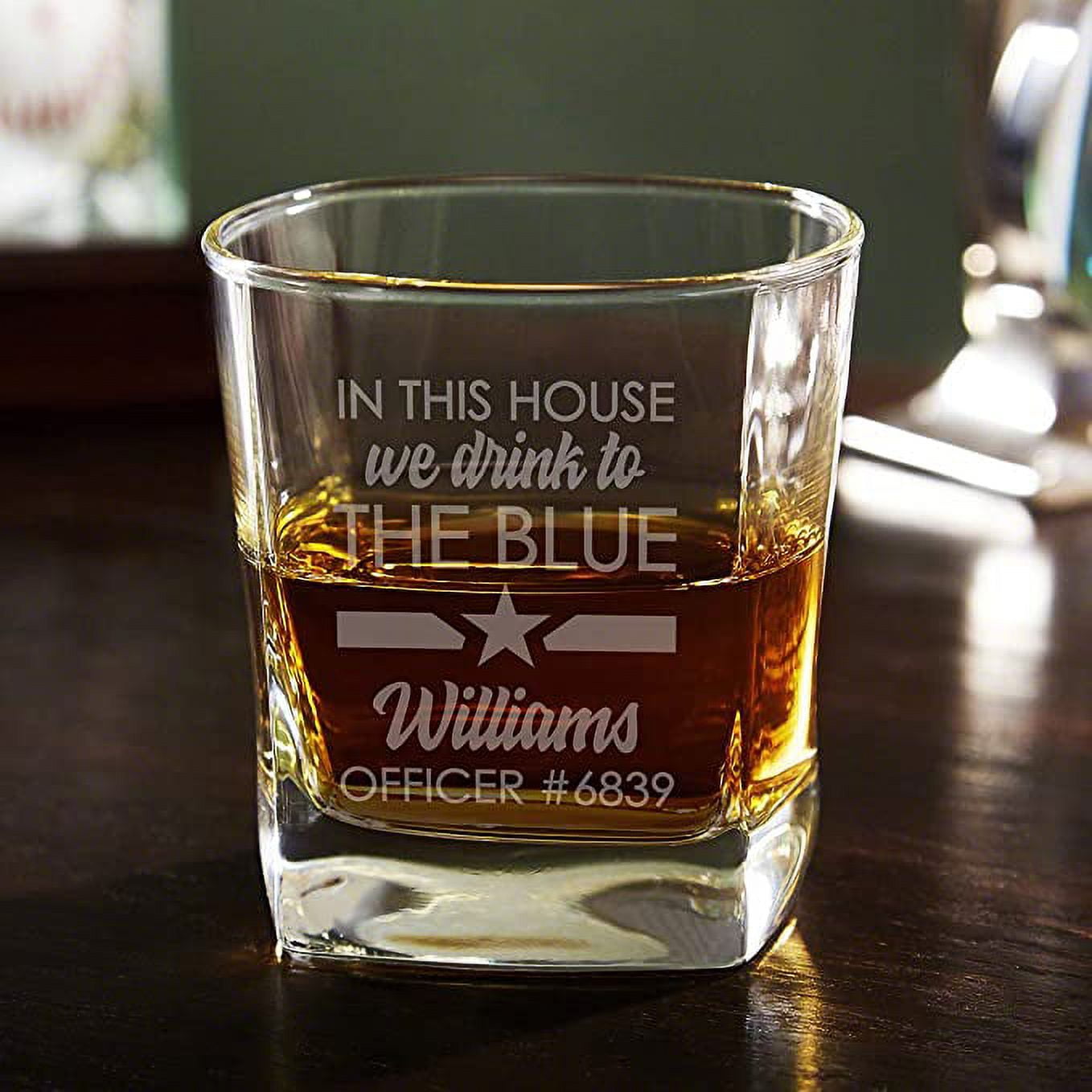 In This House Thin Blue Line Custom Square Whiskey Glass