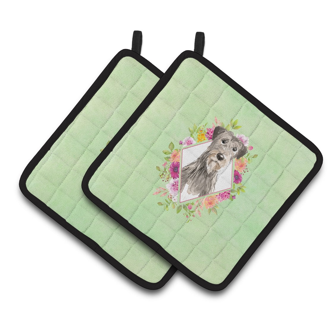 Irish Wolfhound Green Flowers Pair of Pot Holders