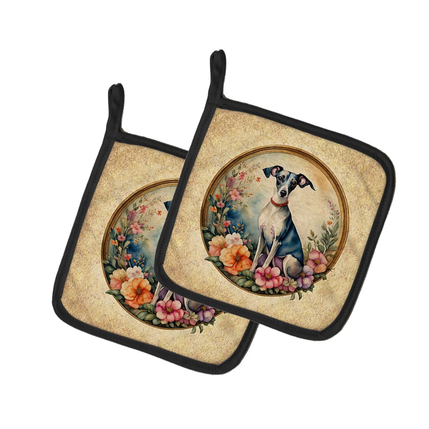 Italian Greyhound and Flowers Pair of Pot Holders