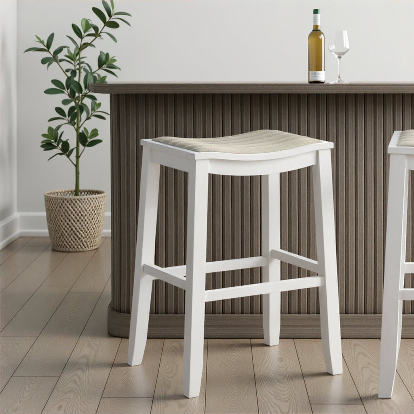 Iyani Coastal Modern Wood Bar Height Kitchen Bar Stool in White Finish with Dune Cloud Fabric Upholstered Seat - Set of 2
