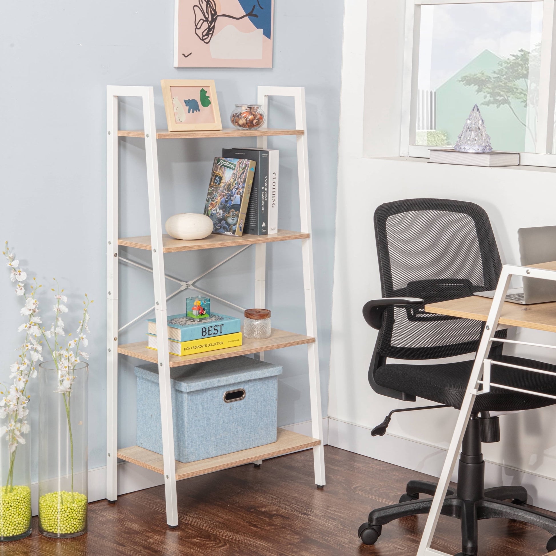 JJS 4-Tier Wood Display Bookcase with Storage Rack Shelf in Oak/White