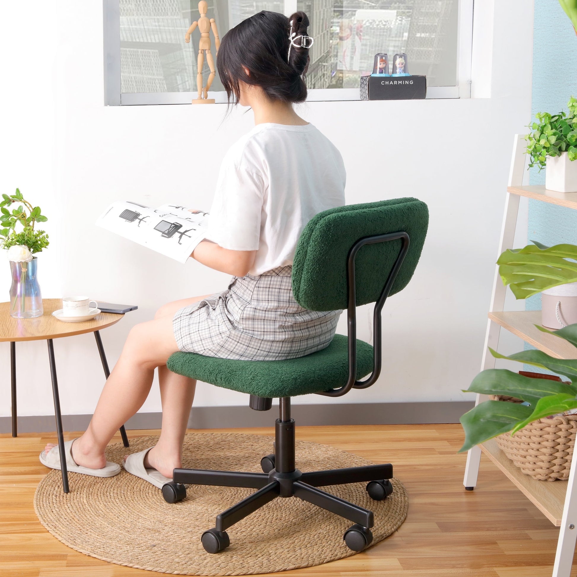 JJS Low Back Velvet Fabric Armless Home Office Computer Chair in Green