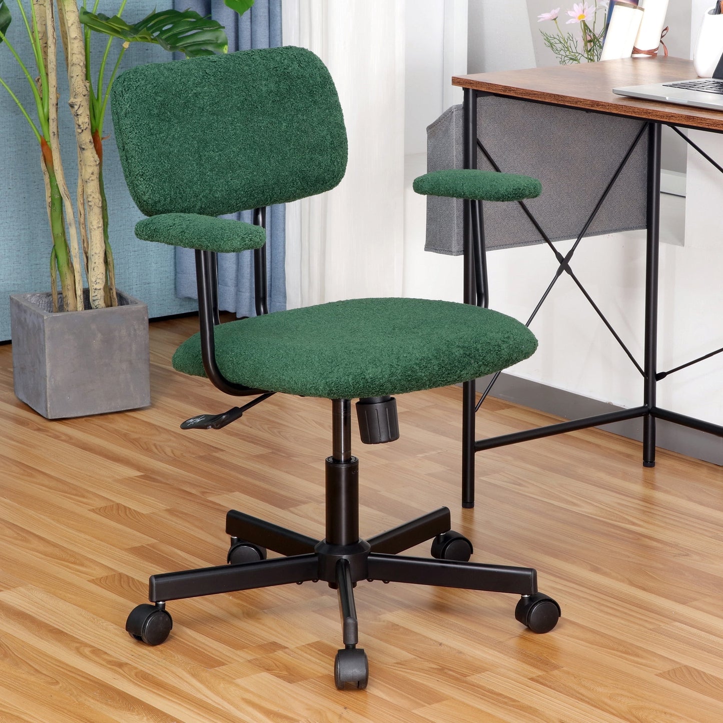 JJS Low Back Velvet Fabric Home Office Computer Chair with Armrest in Green