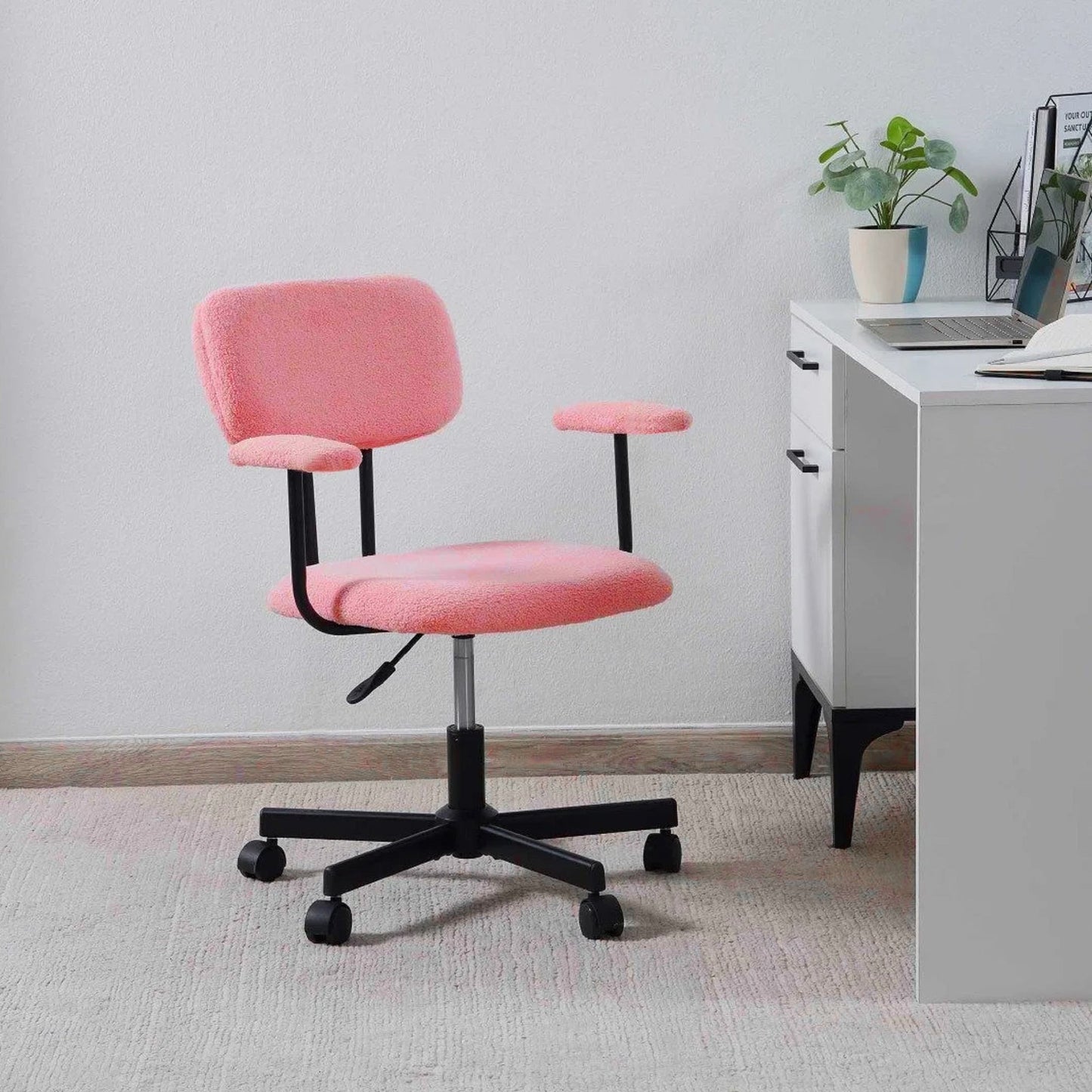 JJS Low Back Velvet Fabric Home Office Computer Chair with Armrest in Pink