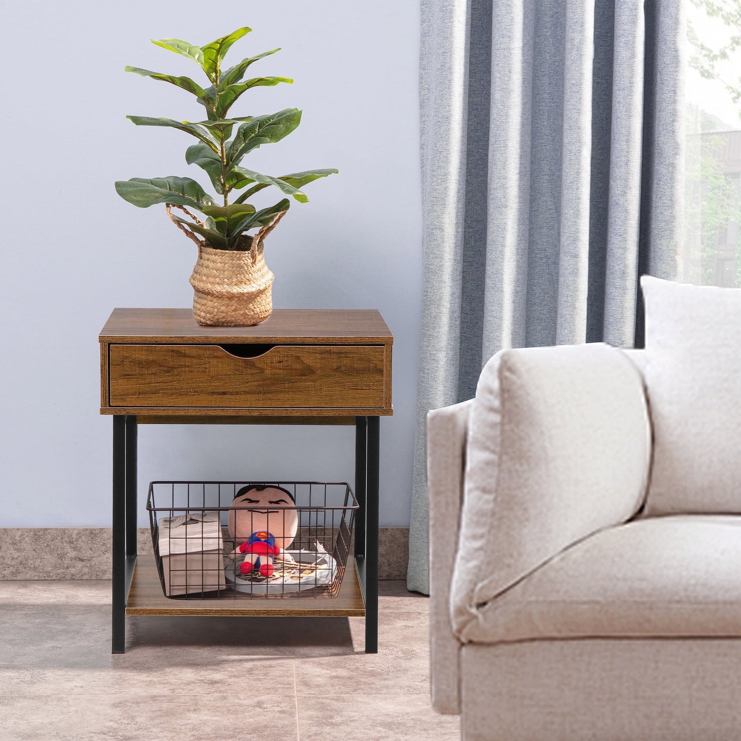 JJS Side End Table, Nightstand, Bedside Table with Drawer and Storage Shelves, Sofa Table for Living Room, Bedroom, Accent Furniture, Easy Assembly, Brown