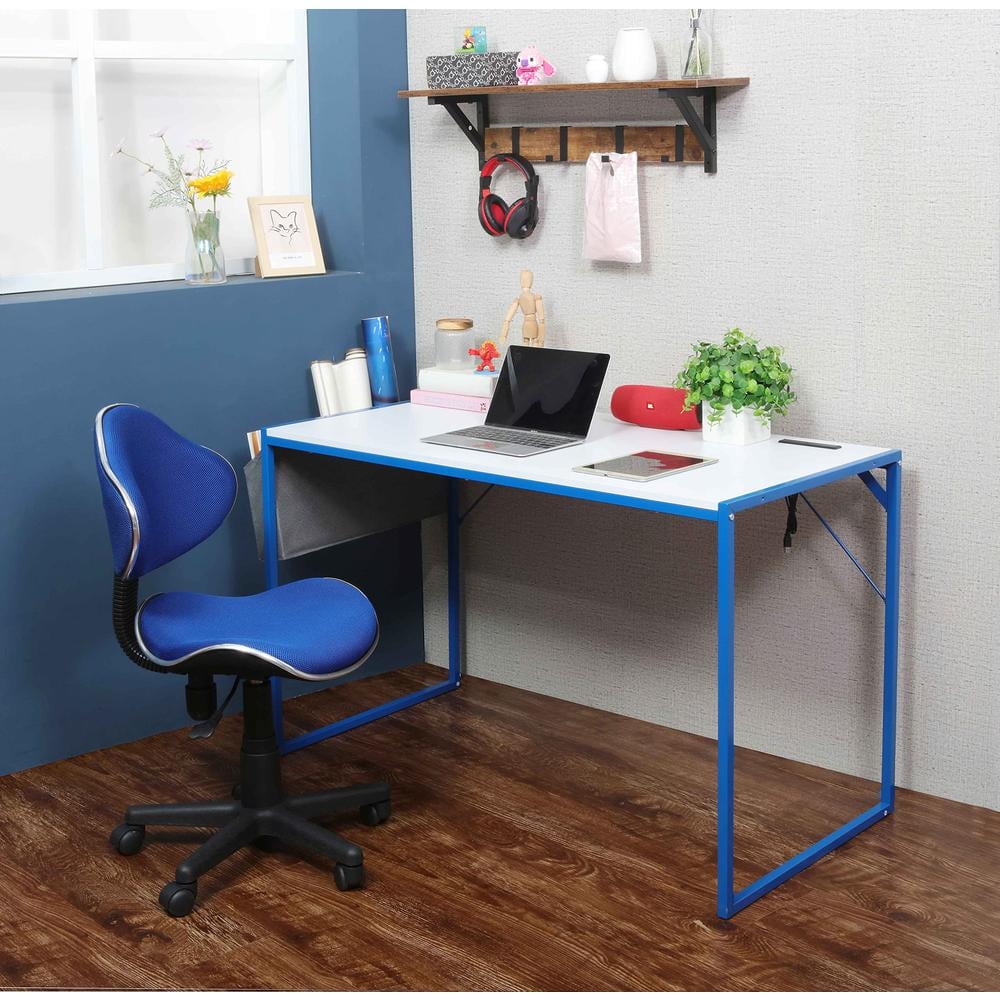 JJS Small Computer Desk Simple Style Writing Desk for Small Spaces 48 Inch Home Office Modern Student Study Laptop Writing Table with Storage Bag USB Hub, White/Blue