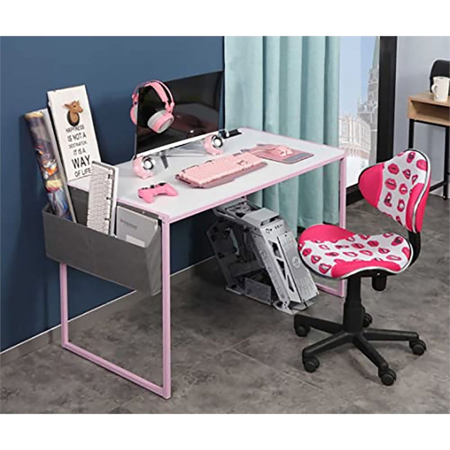 JJS 48" Home Office Metal Computer Desk with Storage Bag USB Hub in Pink