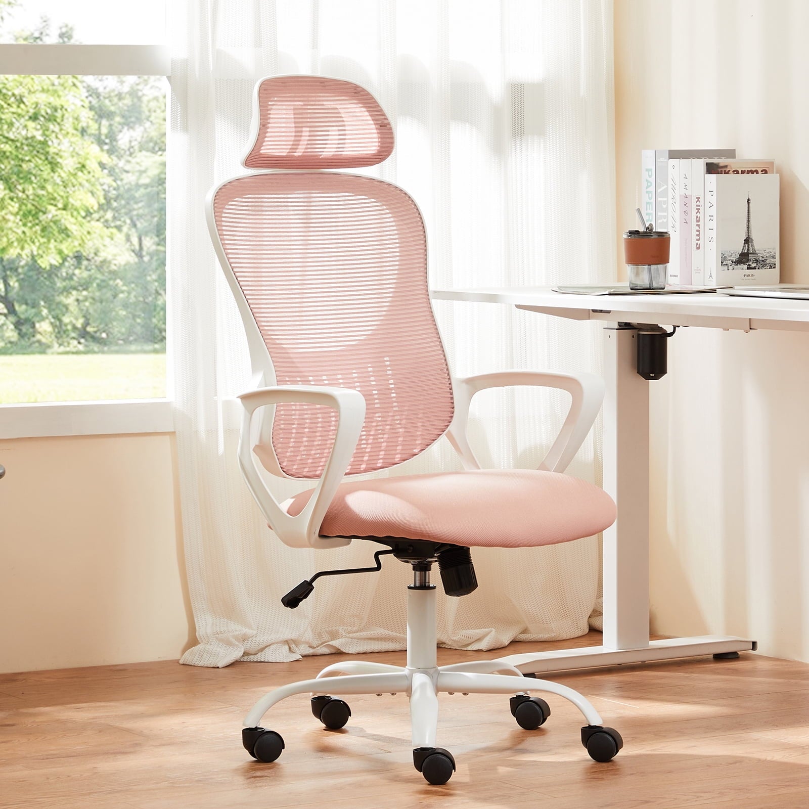 JOINSUN Ergonomic Mesh Office Desk Chair with Adjustable Headrest, Lumbar Support and Fixed Armrests, Pink