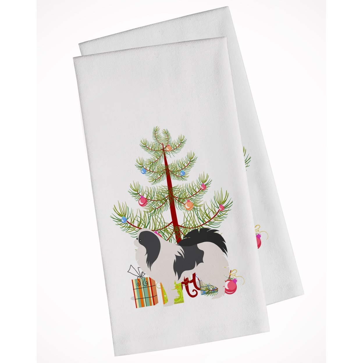 Japanese Chin Merry Christmas Tree White Kitchen Towel Set of 2