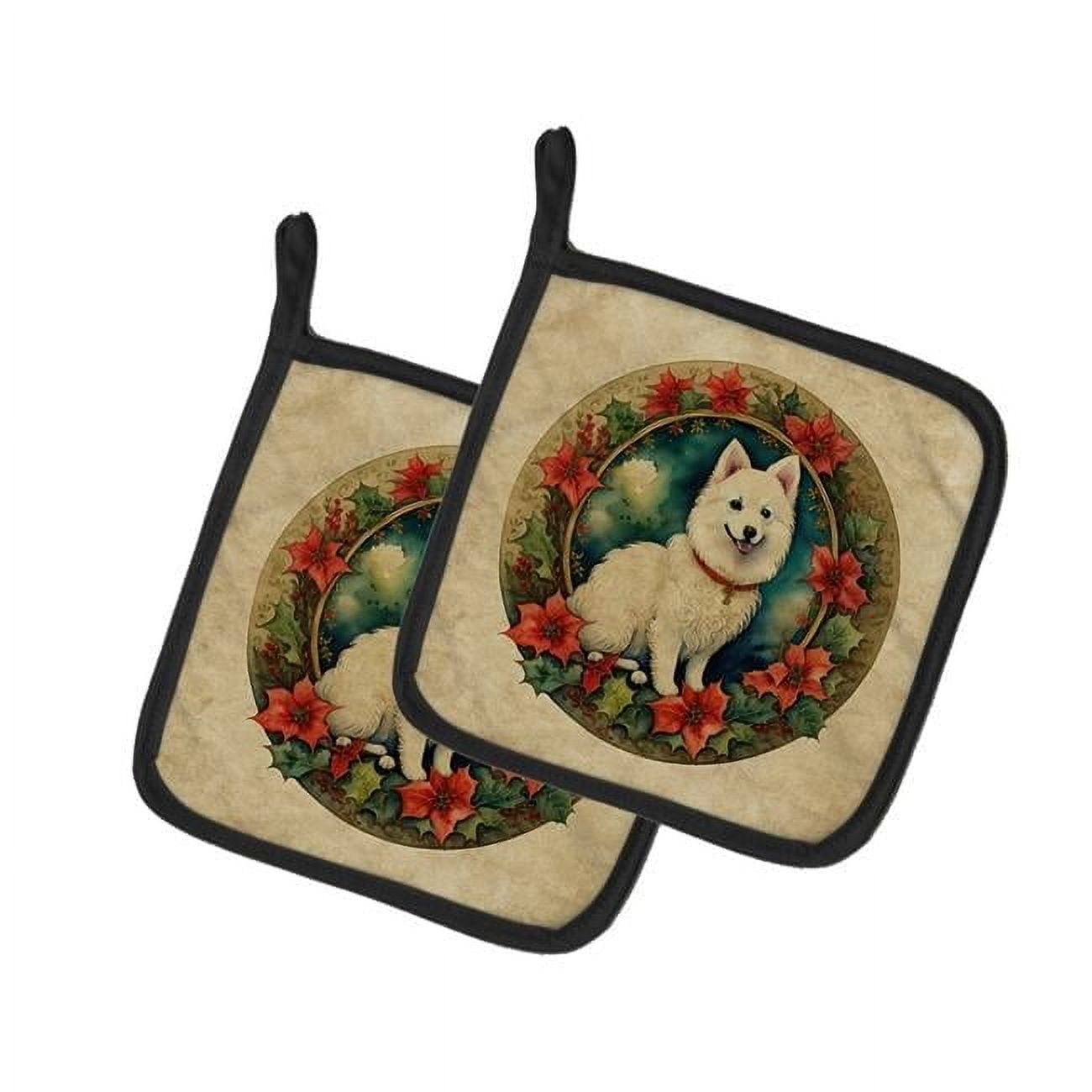 Japanese Spitz Christmas Flowers Pair of Pot Holders 7.5 in x 7.5 in