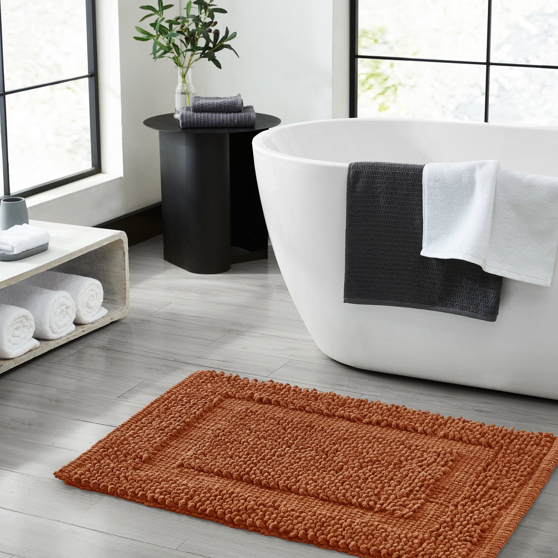 Jean Pierre New York Sophie Border 100% Cotton Bath Mat - Non-Slip Bath Rug - Charcoal Grey - 20" x 32"