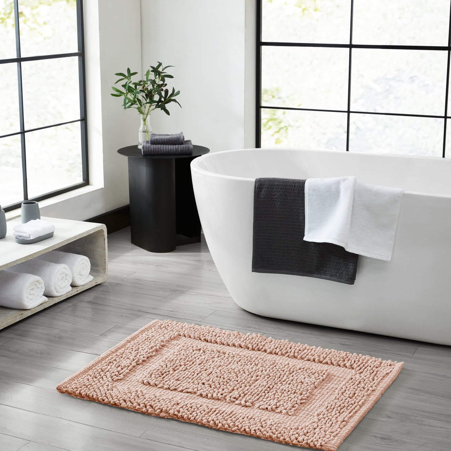 Jean Pierre New York Sophie Border 100% Cotton Bath Mat - Non-Slip Bath Rug - Pink Dusty Rose - 27" x 45"
