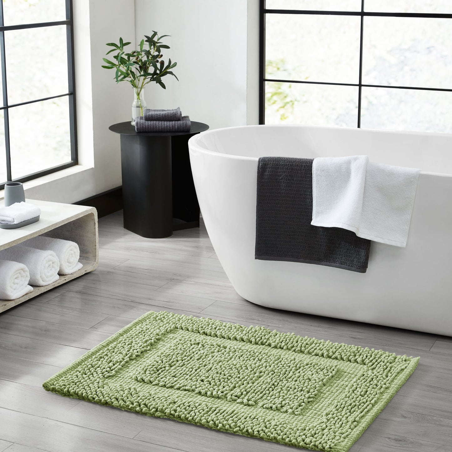 Jean Pierre New York Sophie Border 100% Cotton Bath Mat - Non-Slip Bath Rug - Sage Green - 27" x 45"