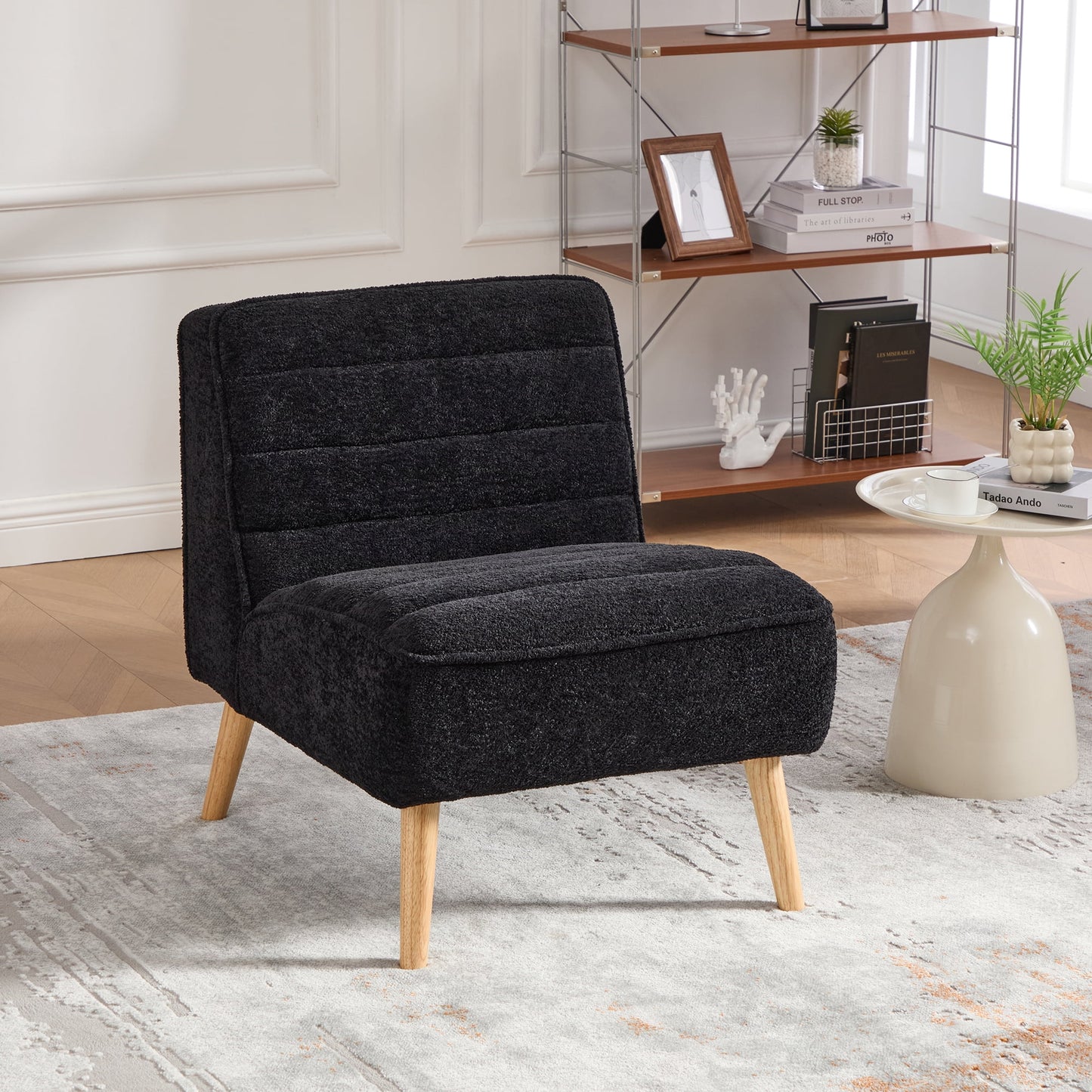 Jopath 24.4" Armless Chair with Rubber Wood Legs, Chenille Accent Chair for Living Room Bedroom Office and Reading Room Ivory