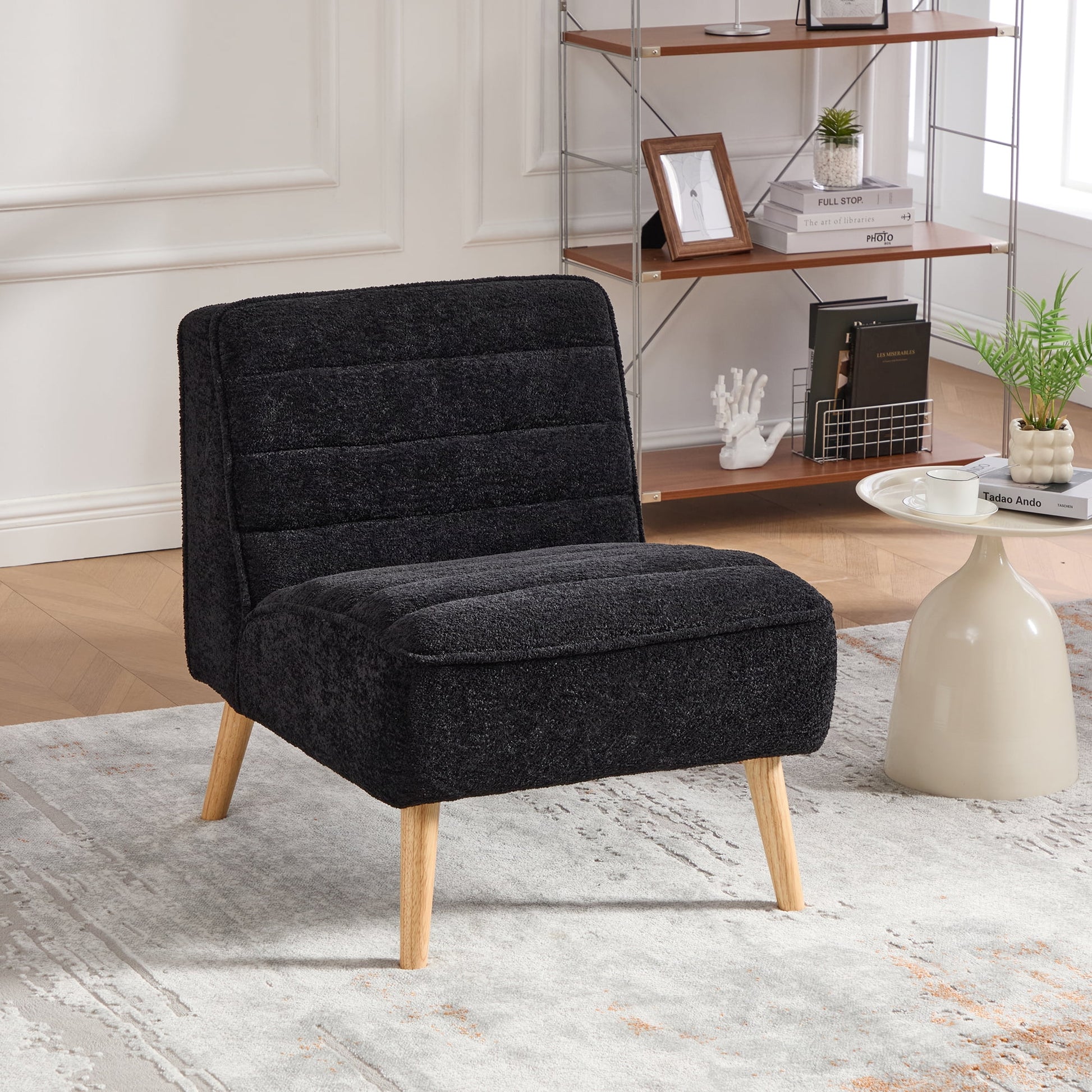 Jopath 24.4" Armless Chair with Rubber Wood Legs, Chenille Accent Chair for Living Room Bedroom Office and Reading Room Ivory