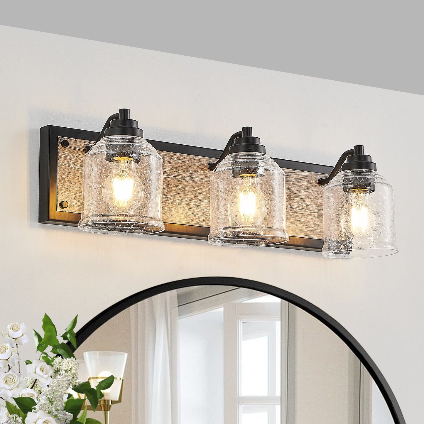 Jopath 3-Light Bathroom Wall Sconce, Farmhouse Vanity Light Fixture with Clear Seeded Glass Shades, Black and Wood Grain Finish, Modern Industrial Design for Bathroom or Powder Room (No Bulbs)