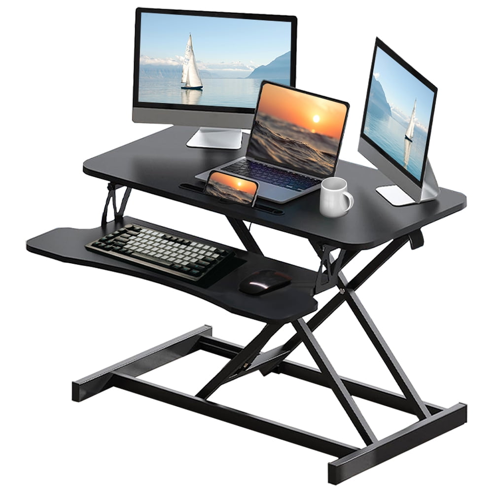 Jopath 32" Desk Converter,Height Adjustable Standing Desk Converter for Home Office,Dual Monitor and Laptop Workstation with Wide Keyboard Tray,Black+Walnut