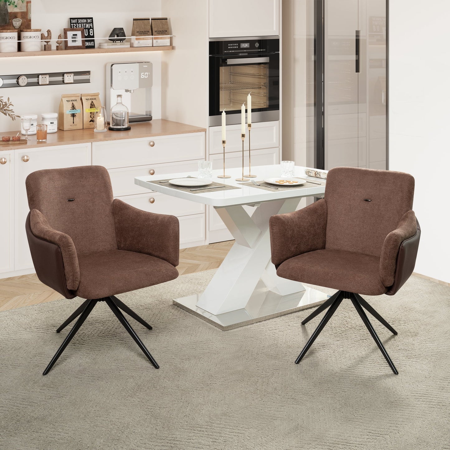 Jopath 360Â°Swivel Dining Chairs, Set of 2 Upholstered Bedroom Chairs with Metal Base for Living Room Bedroom Vanity Study Room Dining Room(Dark Brown)