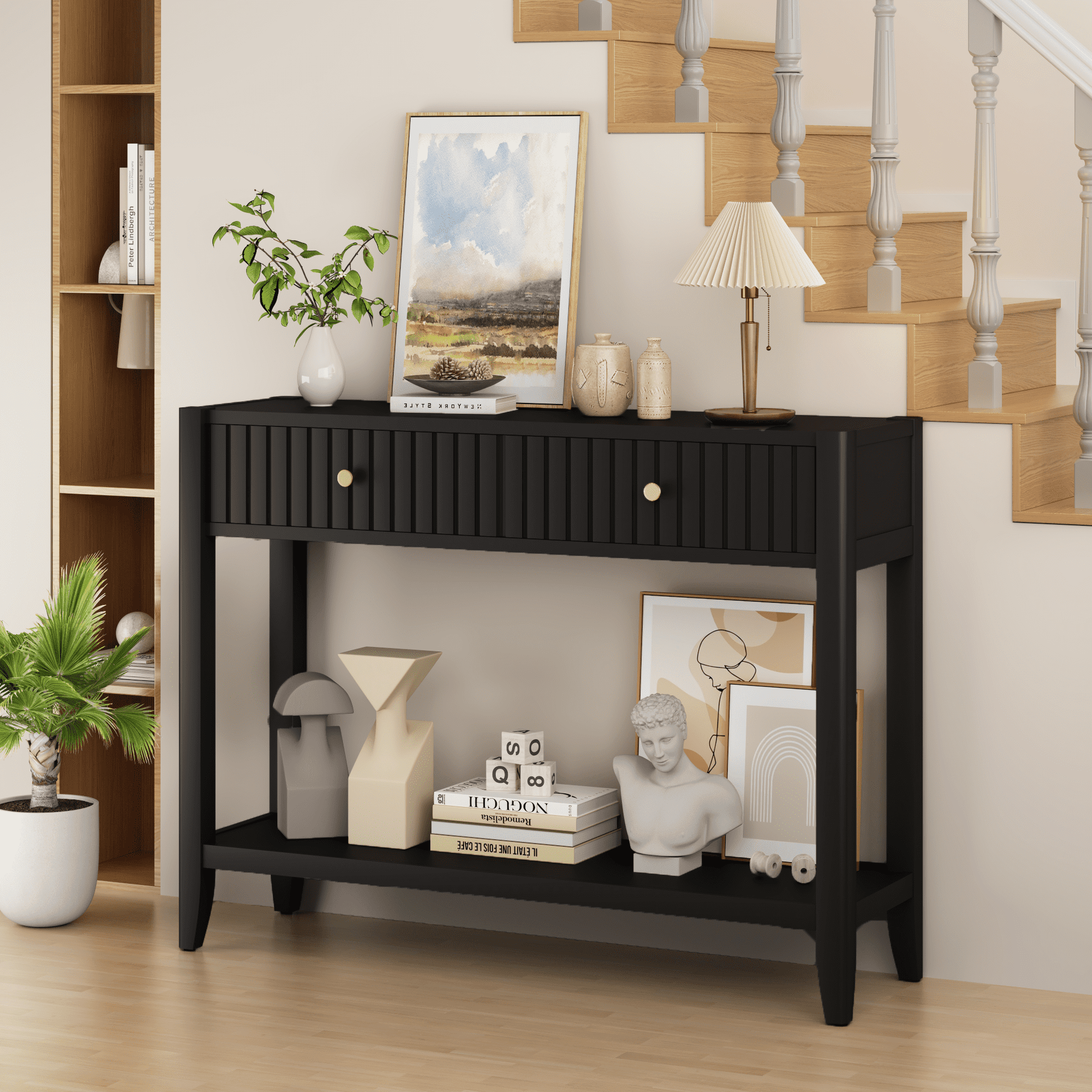 Jopath 39" Console Table with 2 Drawers,Wood Narrow Accent Sofa Table Entryway Table with Storage Shelf for Living Room,Front Hall,Hallway,Black