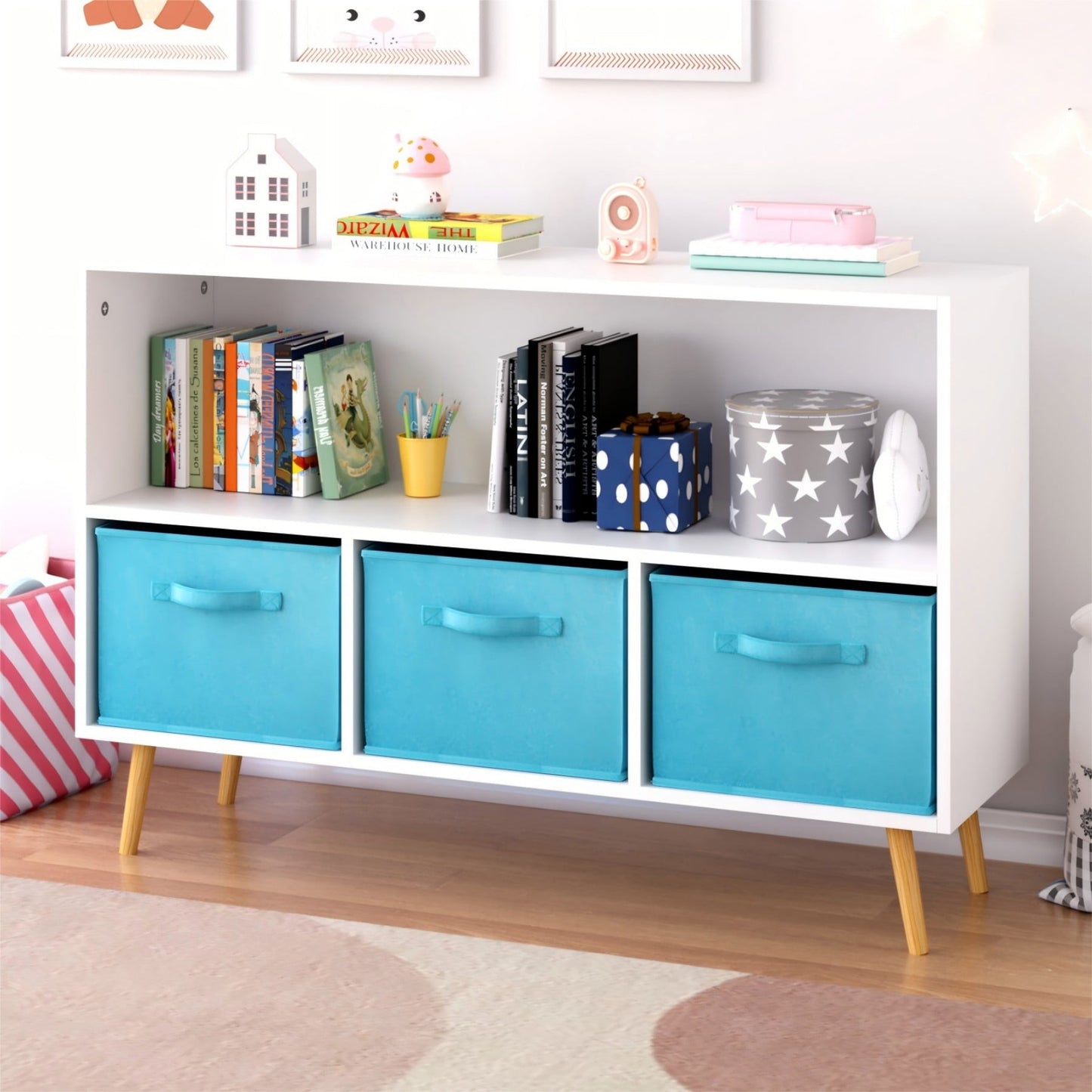 Jopath 4 Cube Kids Bookcase & Toy Storage Organizer with 3 Fabric Drawers for Playroom Storage,Gray