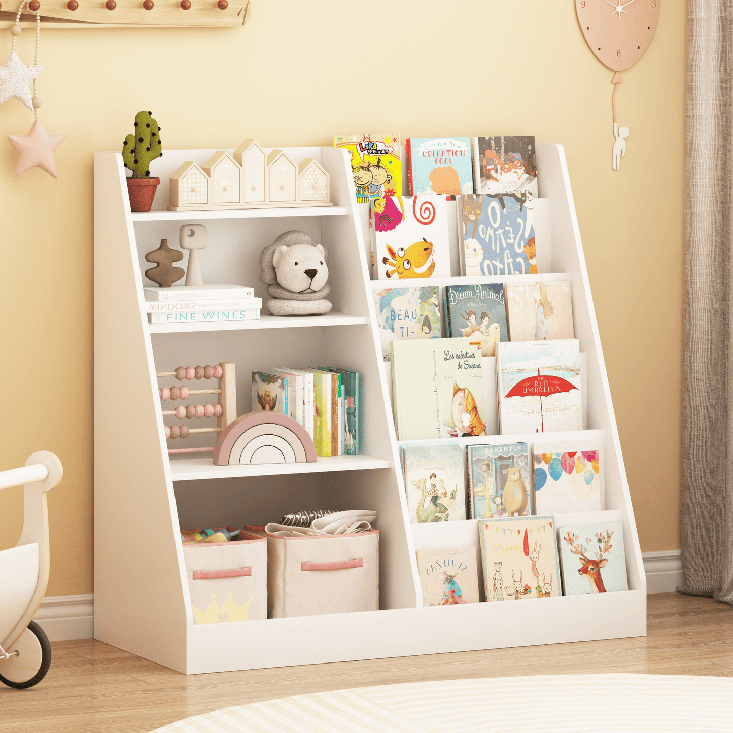 Jopath 4 Tier Kids Bookshelf and Toy Storage Organizer,Multifunctional Wooden Kids Book Shelf with Bookcase Display Stand for Kids Room,Playroom,White