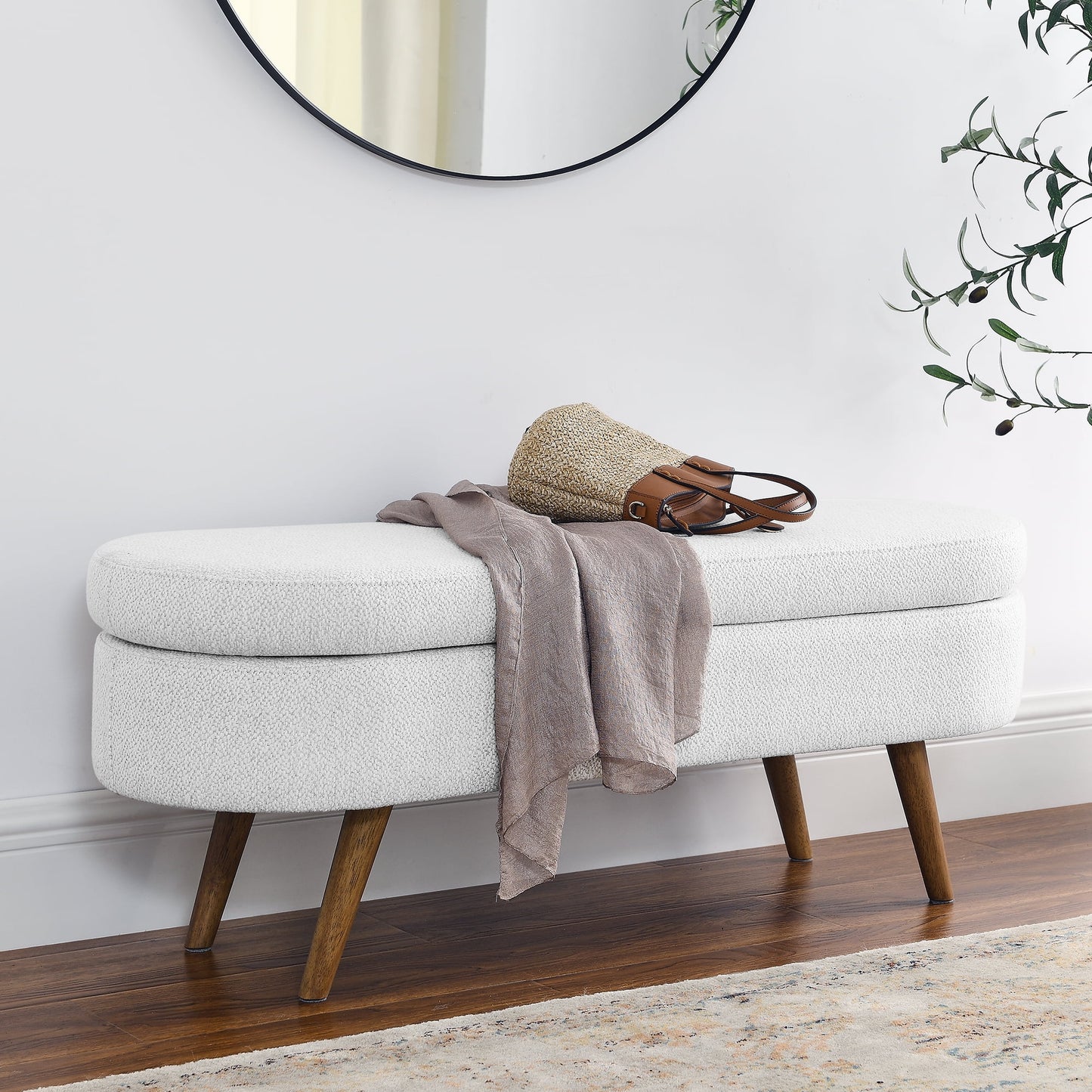 Jopath 43.5" Ottoman Oval Storage Bench, Linen Fabric Upholstered Entryway Bench with Storage, Entryway Shoe Seat Bench for Living Room, Bedroom, End of Bed, Entryway, White