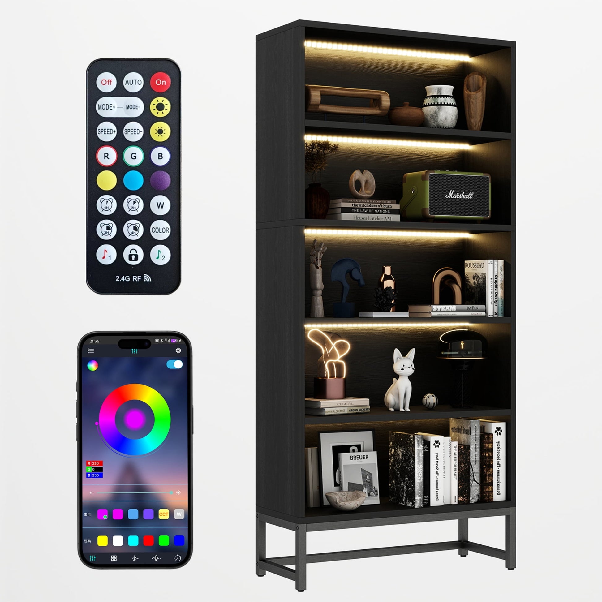 Jopath 5 Tier Bookcase with LED Lights and Storage, Heavy Duty Wood Bookshelf with Adjustable Lighting, Freestanding Display Cabinet for Living Room Bedroom Home Office Study Room (Black)