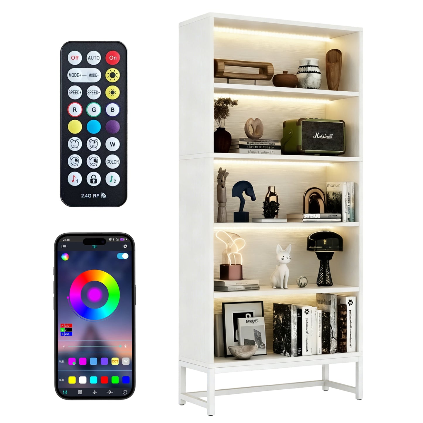 Jopath 5 Tier Bookcase with LED Lights and Storage, Heavy Duty Wood Bookshelf with Adjustable Lighting, Freestanding Display Cabinet for Living Room Bedroom Home Office Study Room (White)