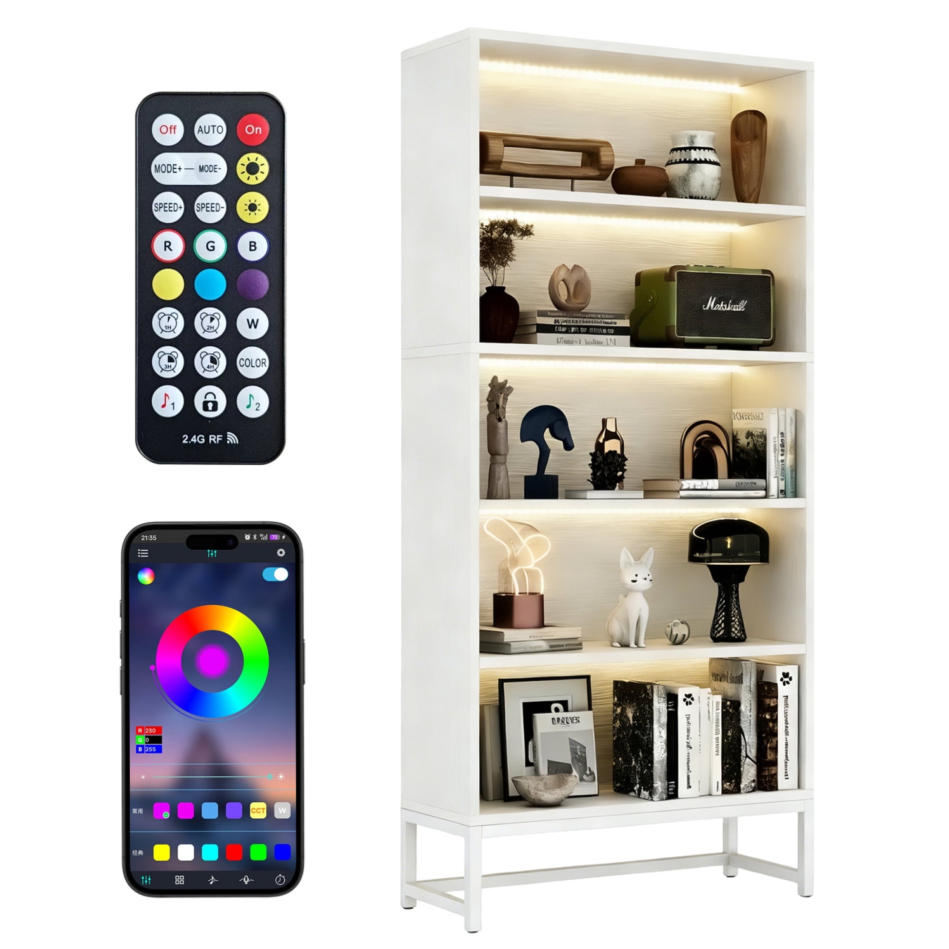 Jopath 5 Tier Bookcase with LED Lights and Storage, Heavy Duty Wood Bookshelf with Adjustable Lighting, Freestanding Display Cabinet for Living Room Bedroom Home Office Study Room (White)