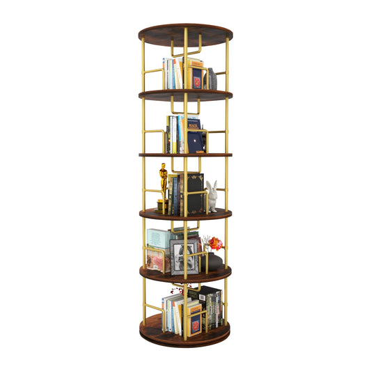Jopath 5 Tier Rotating Bookshelf, 360Â° Display Round Spinning Bookshelf, Stackable Spinning Bookshelf Tower, Space Saving Floor Standing Swivel Bookcase for BedroomOffice, Gold