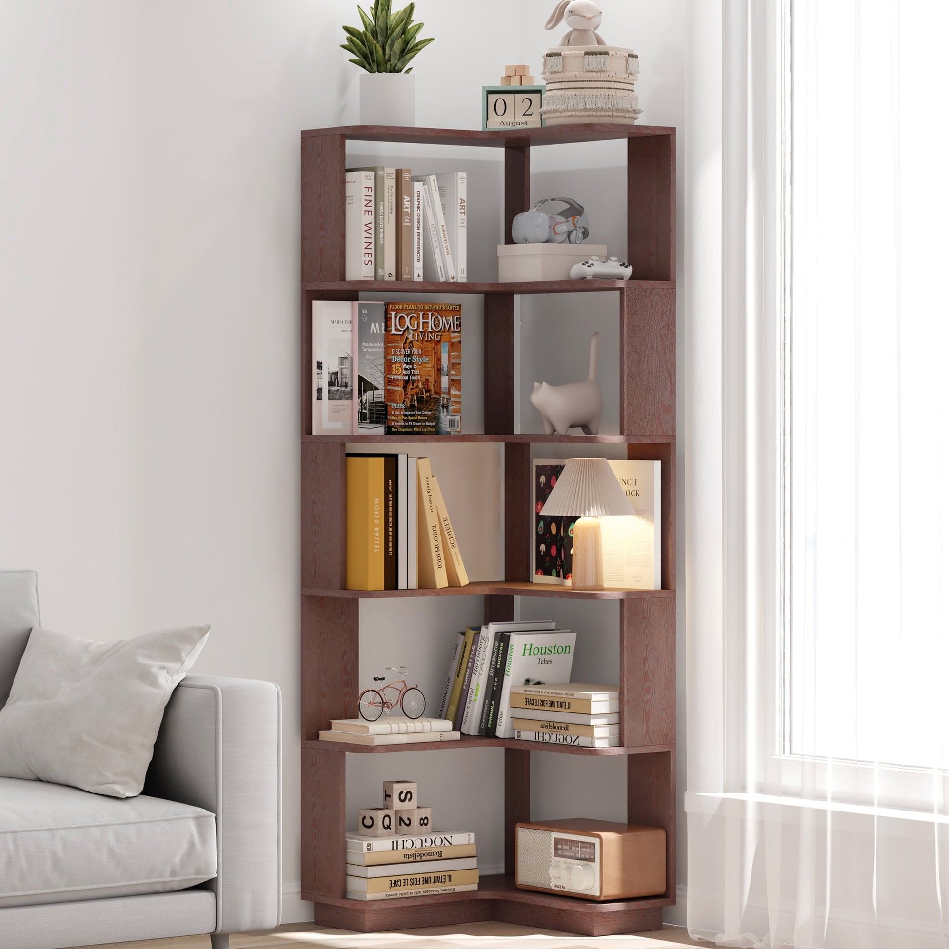 Jopath Corner Bookcase,Modern 90Â°L-Shaped Bookshelf, Open Storage Display,Anti-Falling Baffle Design,For Office Living Room Dark Red