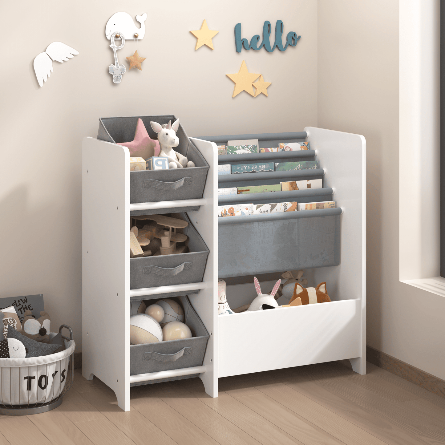 Jopath Kids Bookcase & Toy Storage Organizer, Multifunctional 4 Tier Bookshelf with 3 Collapsible Fabric Drawers for Living Room,Playroom,White