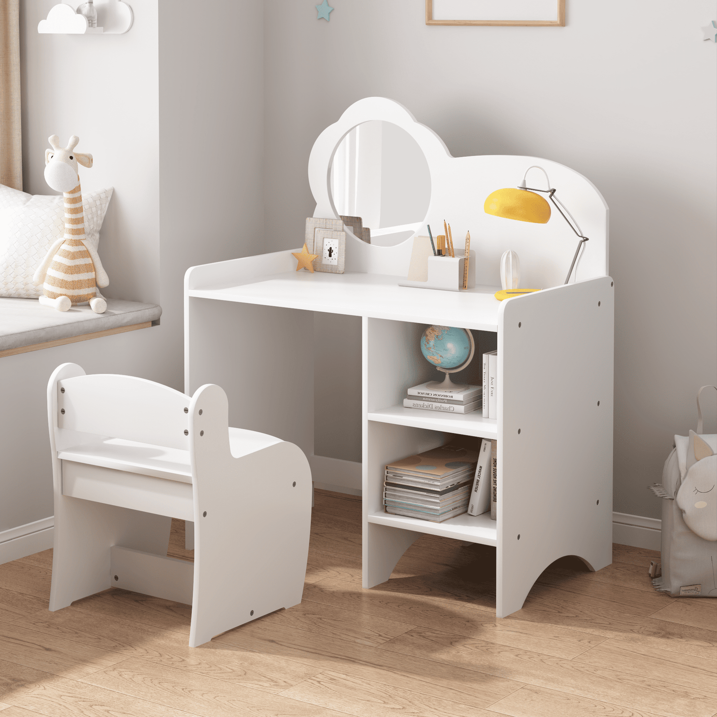 Jopath Kids Vanity Table with Mirror,Wooden Dressing Makeup Desk with Storage Shelves with Chair,Study Table for Bedroom,White