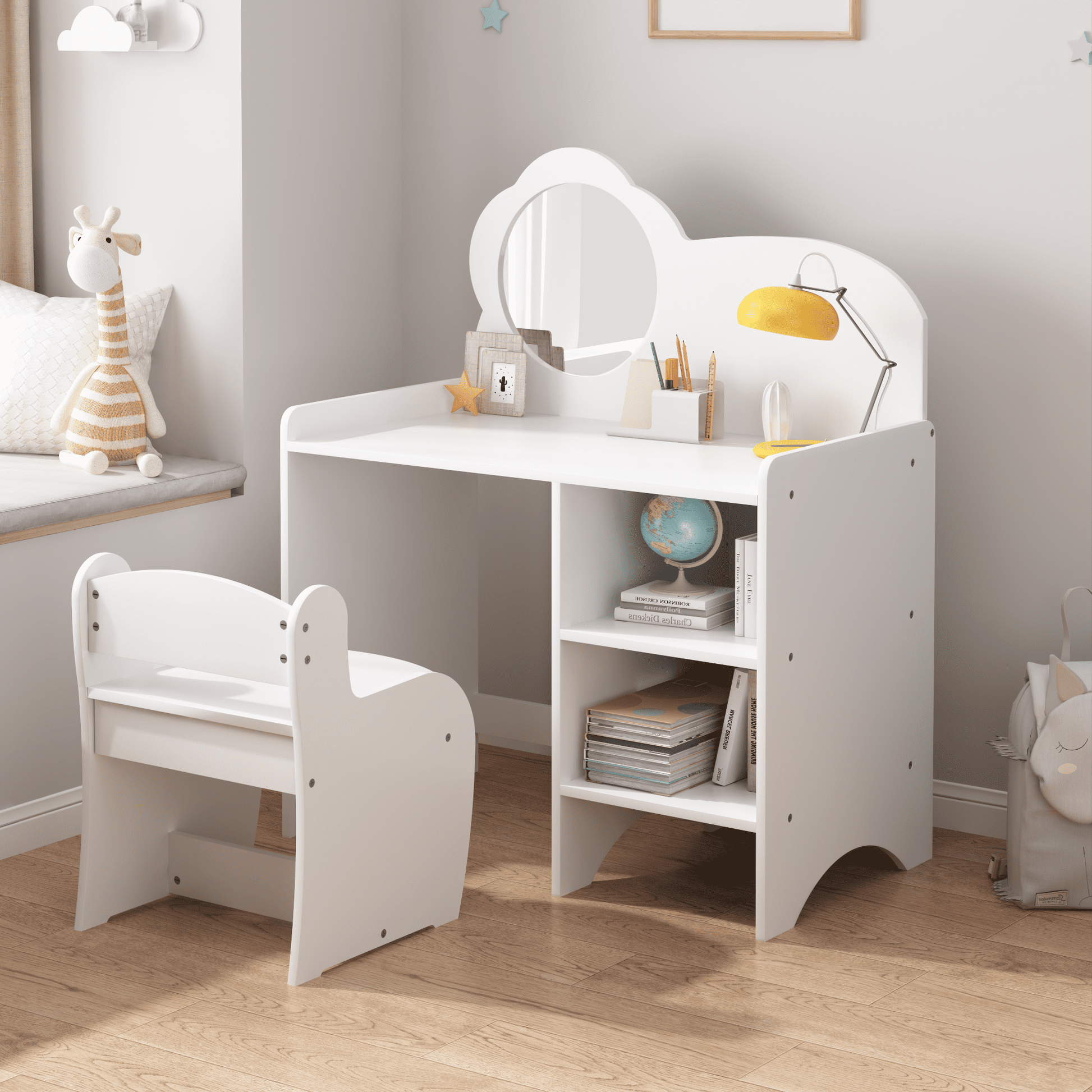 Jopath Kids Vanity Table with Mirror,Wooden Dressing Makeup Desk with Storage Shelves with Chair,Study Table for Bedroom,White
