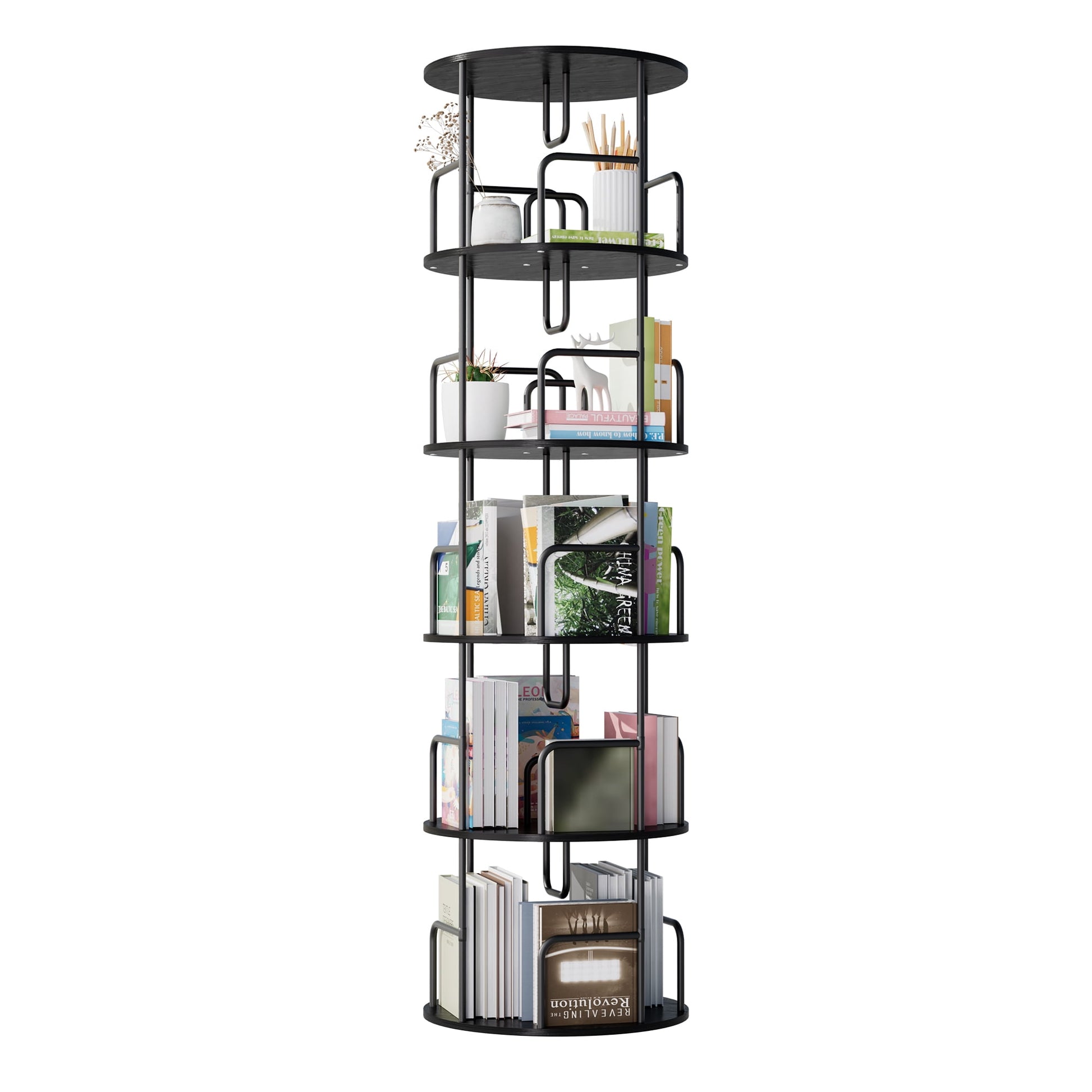 Jopath Living Room Display Shelves,Rotating Bookshelf Tower 5 Tier,360Â° Display Round Spinning Bookshelf,Wood & Metal Stackable Spinning Bookshelf Tower For Bedroom, Living Room,Black