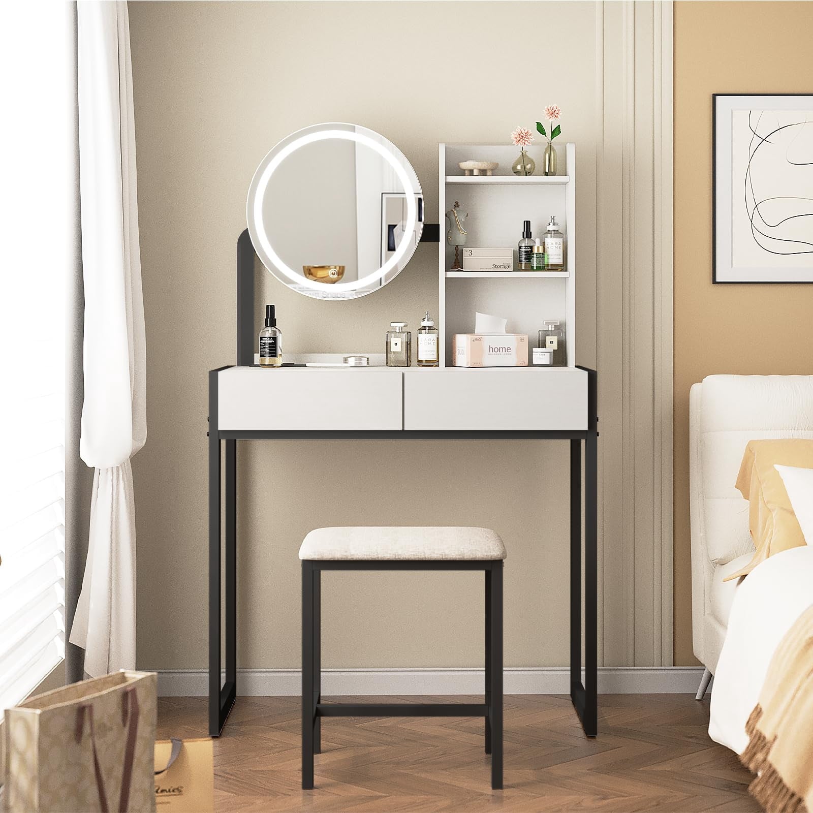 Jopath Makeup Vanity Desk with Mirror and Lights,Small Dressing Table with 2 Drawers & Open Shelves and Cushioned Stool,3 Lighting Modes for Bedroom,Small Space,Black