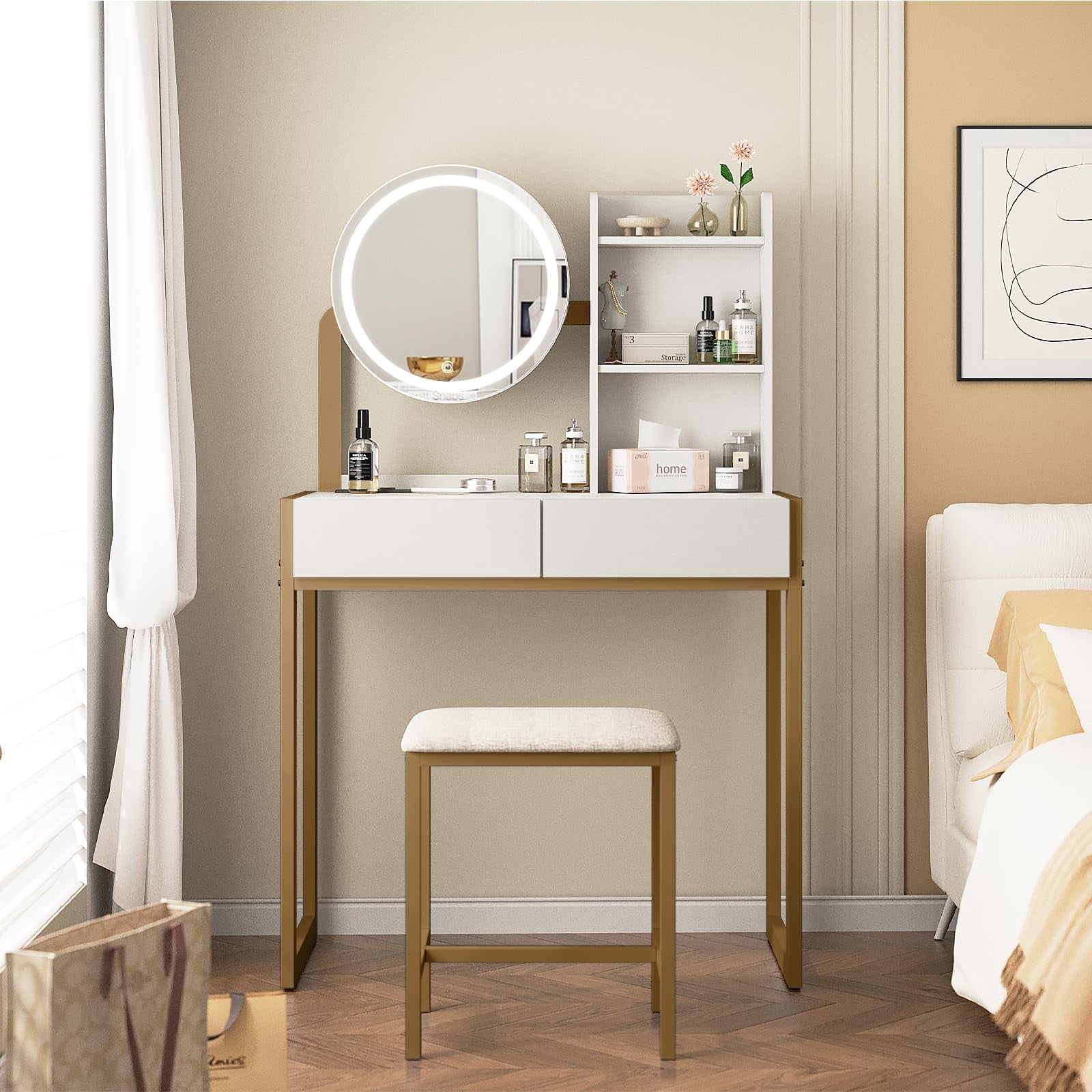 Jopath Makeup Vanity Desk with Mirror and Lights,Small Dressing Table with 2 Drawers & Open Shelves and Cushioned Stool,3 Lighting Modes for Bedroom,Small Space,Gold