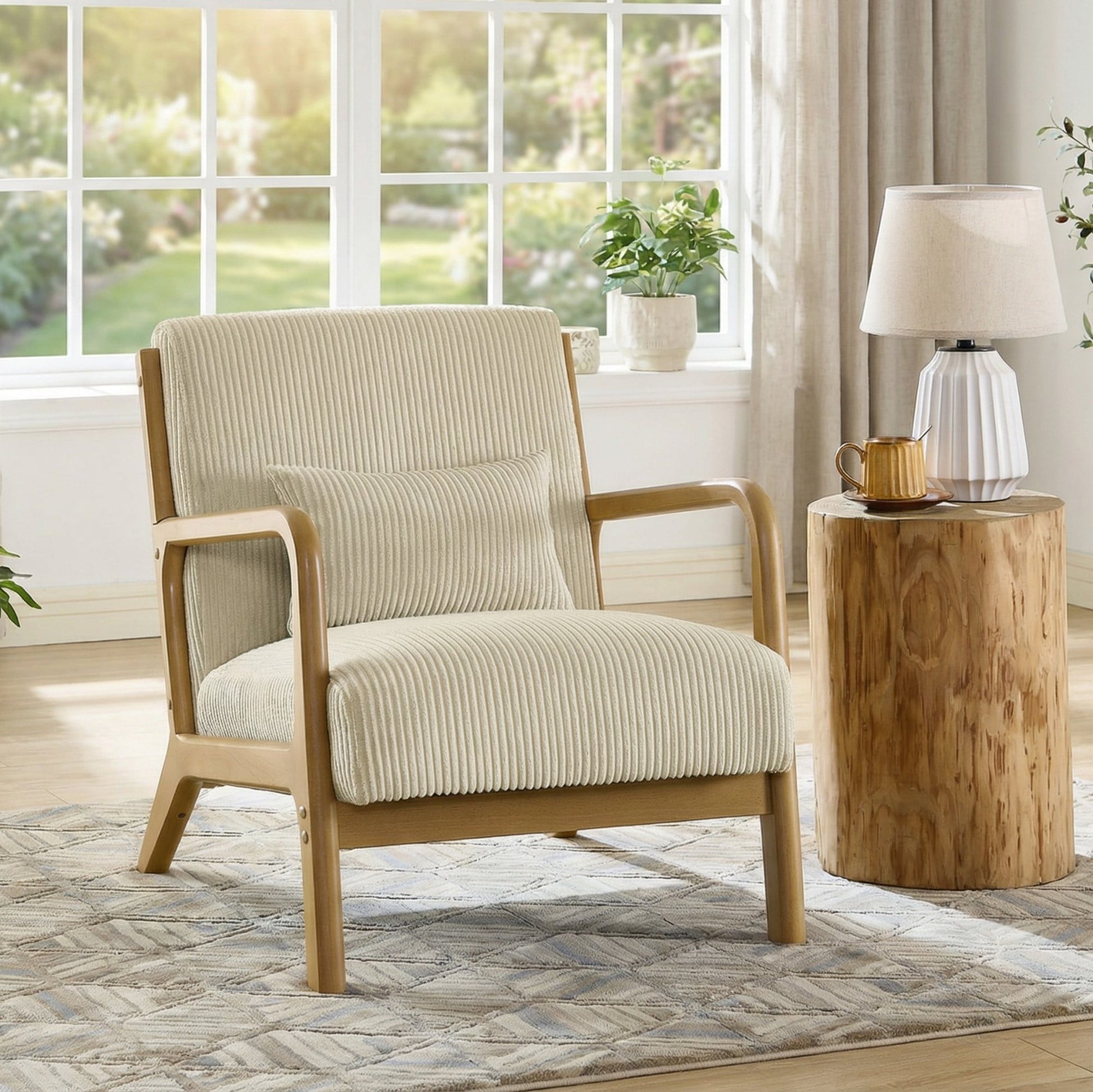 Jopath Silla Decorativa de Mediados de Siglo, Silla Moderna de Tela de Pana con ArmazÃ³n de Madera y Almohada, SillÃ³n Tapizado, Silla de Lectura, Silla Lounge para Sala de Estar, Dormitorio, Beige 01