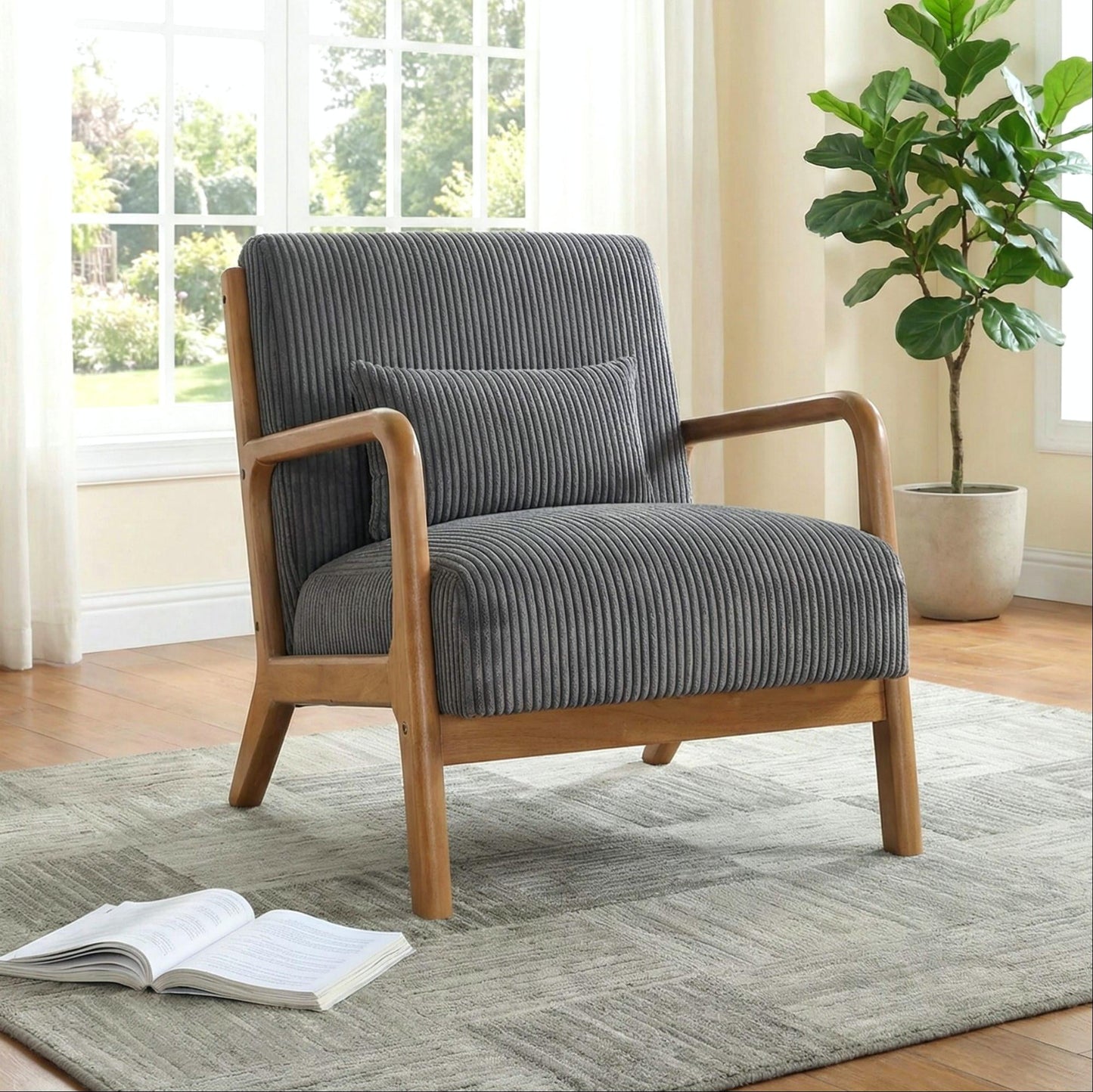 Jopath Mid-Century Accent Chair,Modern Corduroy Fabric Arm Chair with Wood Frame and Pillow,Upholstered Armchair,Reading Chair,Lounge Chair for Living Room,Bedroom,Gray