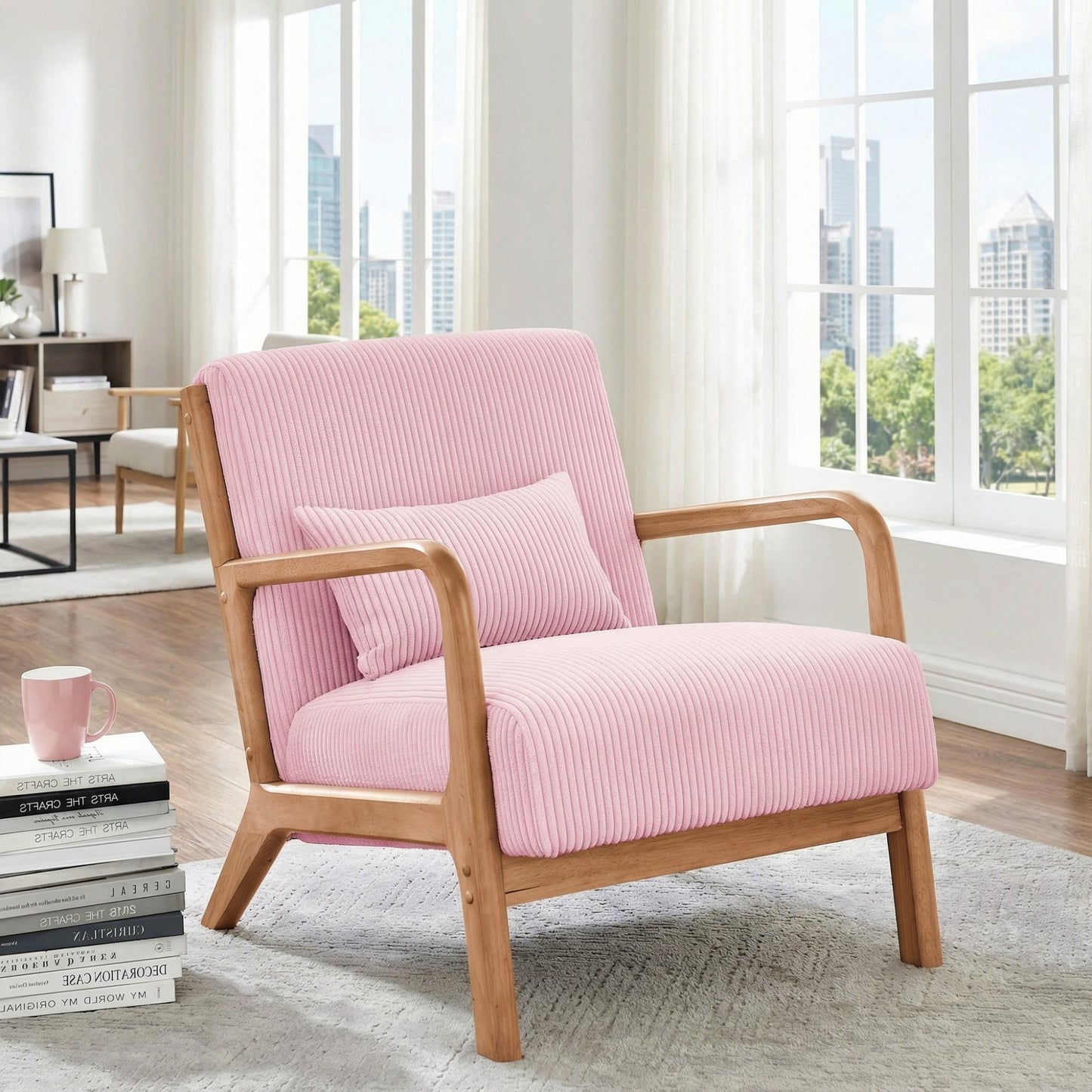 Jopath Silla Decorativa de Mediados de Siglo, Silla Moderna de Tela de Pana con Estructura de Madera y Almohada, SillÃ³n Tapizado, Silla de Lectura, Silla de SalÃ³n para Sala de Estar, Dormitorio, Rosa