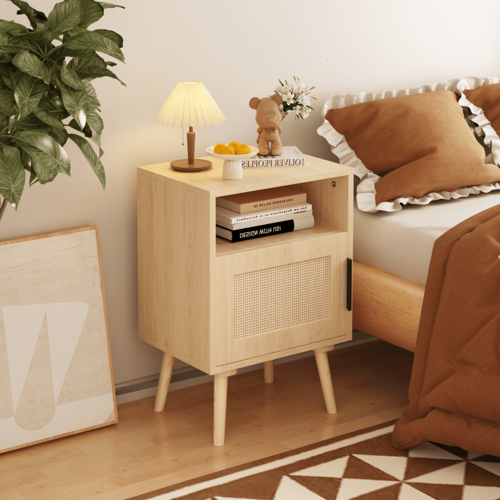 Jopath Nightstand,Wood Bedside Table Set With Door Open Shelf, Accent Bedside End Table With Solid Wood Legs 22.83'' For Bedroom,Dorm And Small Spaces, Oak