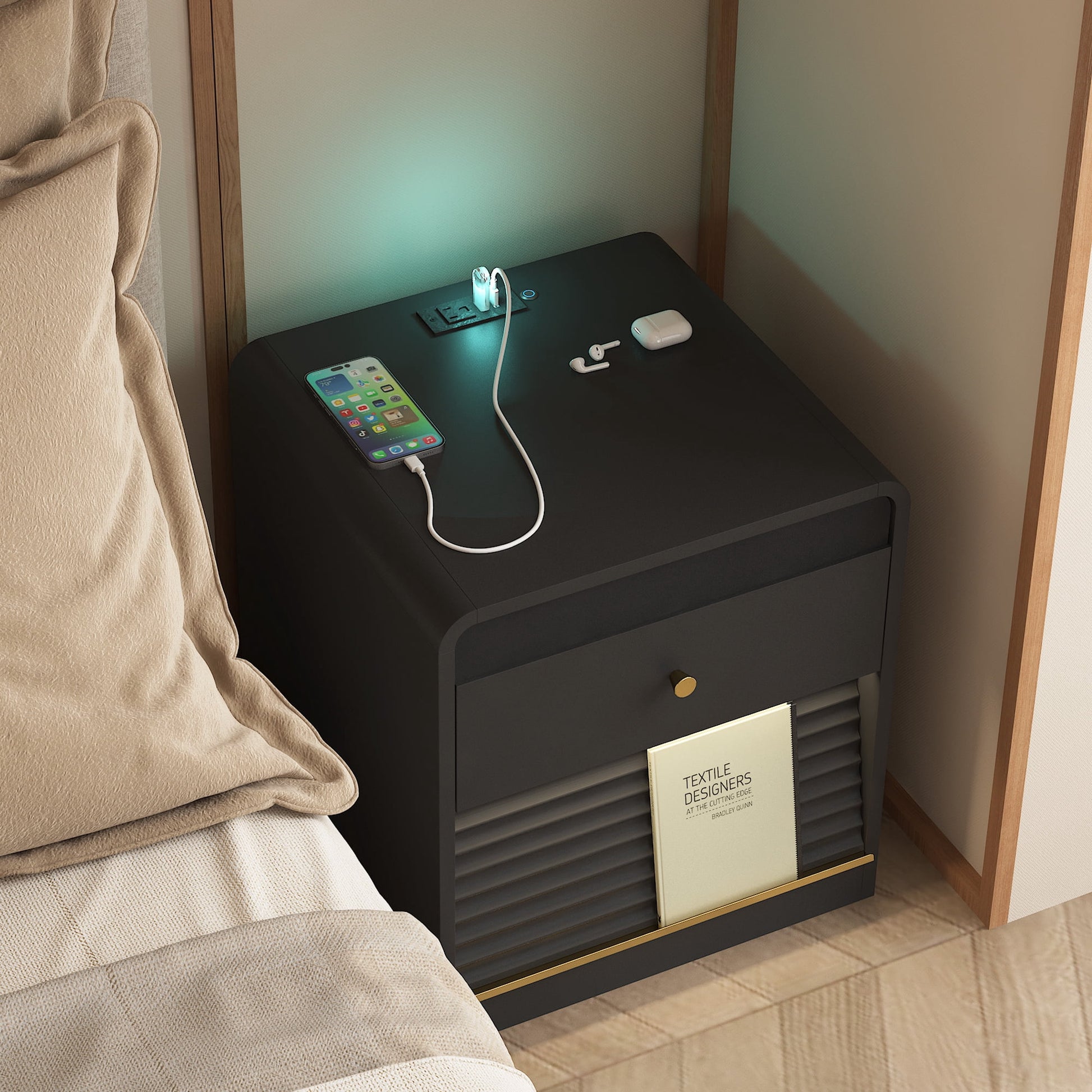 Jopath Nightstand with 2 Drawers,Smart Nightstand Bedside Tables with Night Light,Modern End Table for Bedroom,Living Room,Black