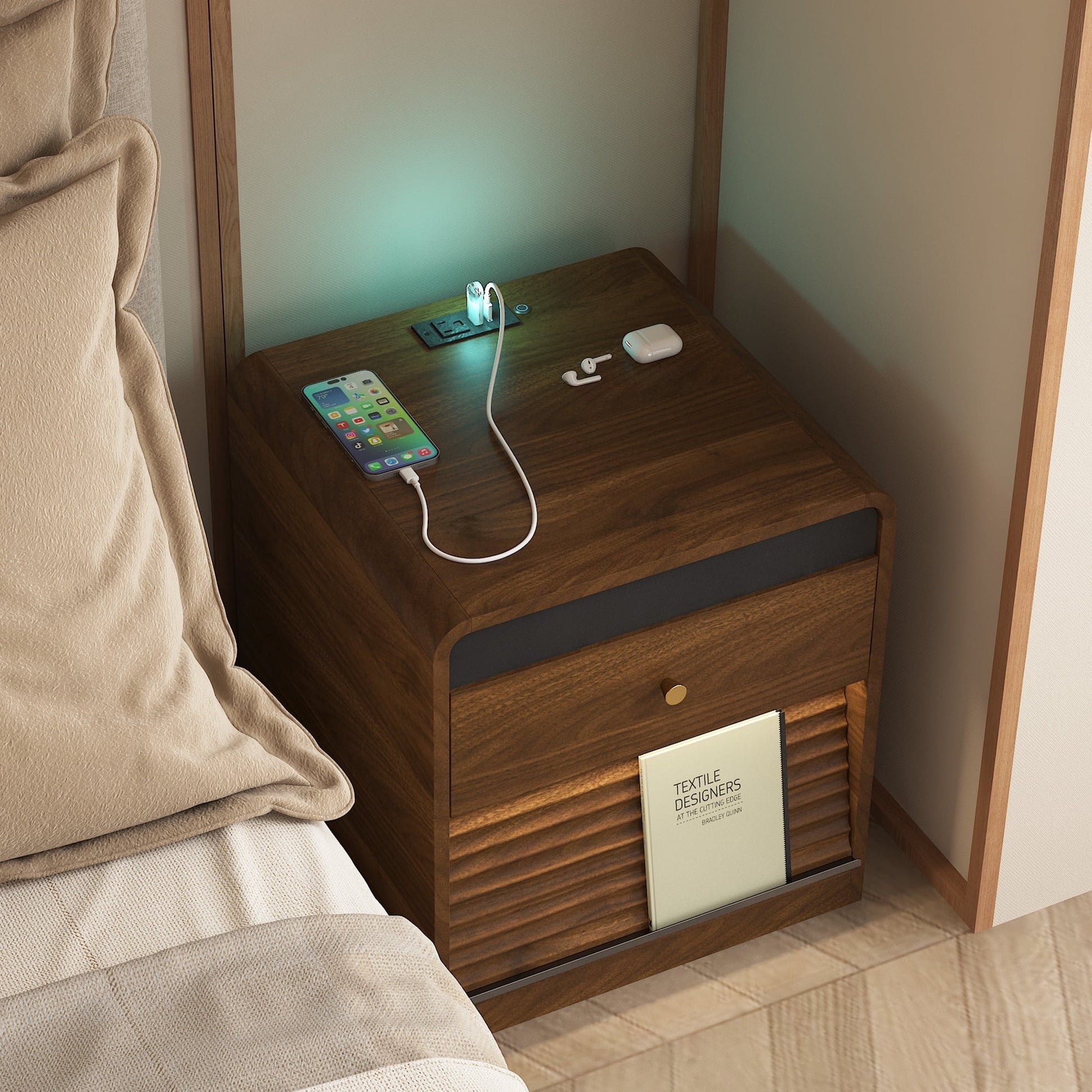 Jopath Nightstand with 2 Drawers,Smart Nightstand Bedside Tables with Night Light,Modern End Table for Bedroom,Living Room,Brown