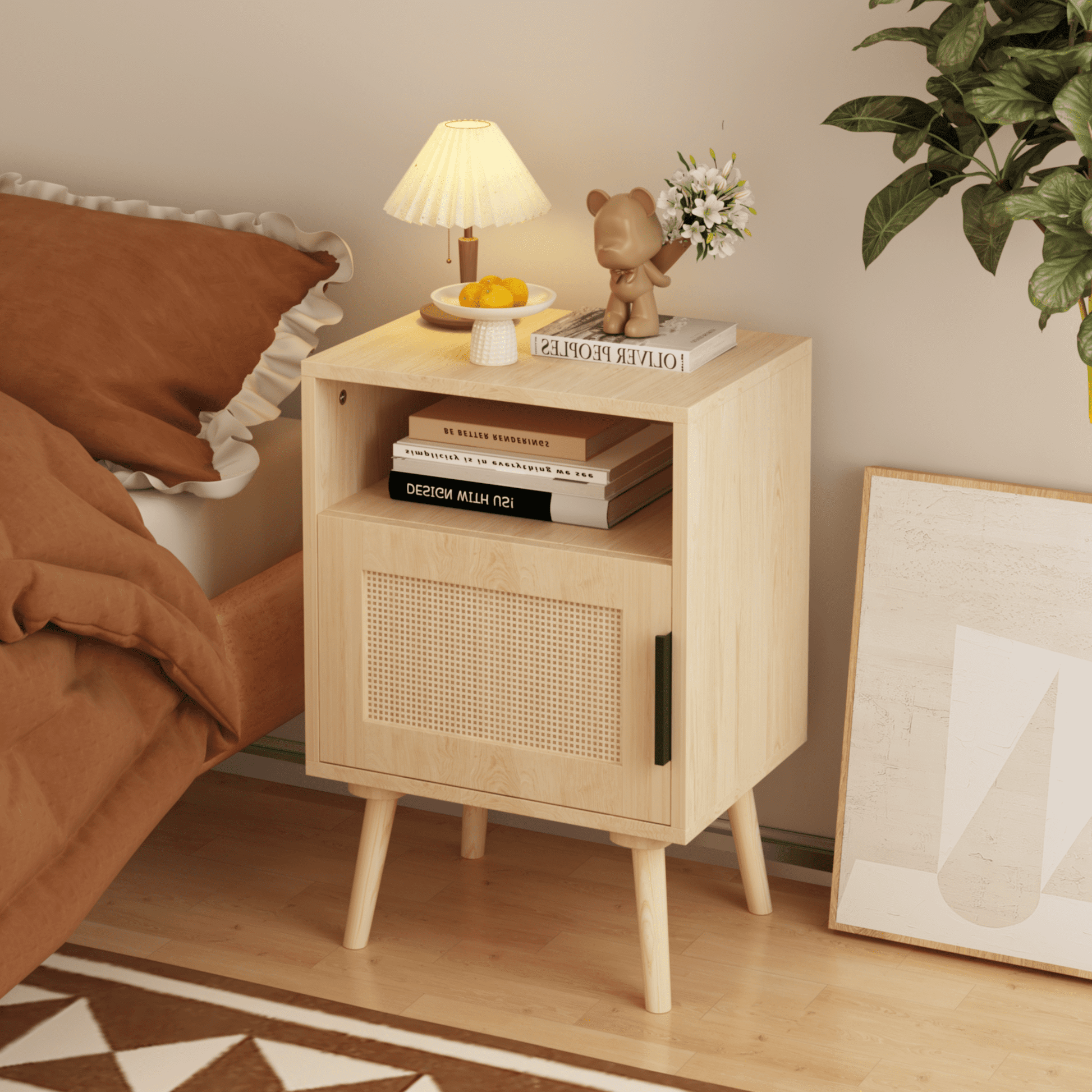 Jopath Nightstand with Door Open Shelf,Rattan Bedside End Table for Small Spaces,Bedroom,Apartmen,Oak02