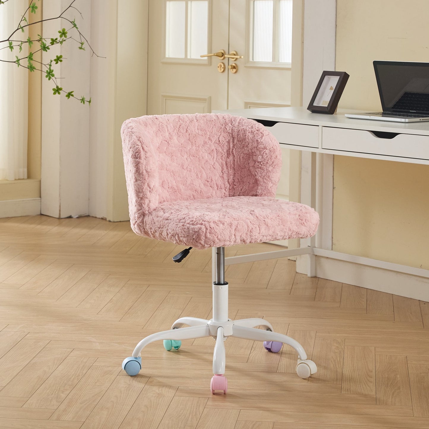 Jopath Office Chair,Artificial Rabbit Hair Home Office Chair with Metal Base,Adjustable Desk Chair Swivel for Office Vanity (Pink)