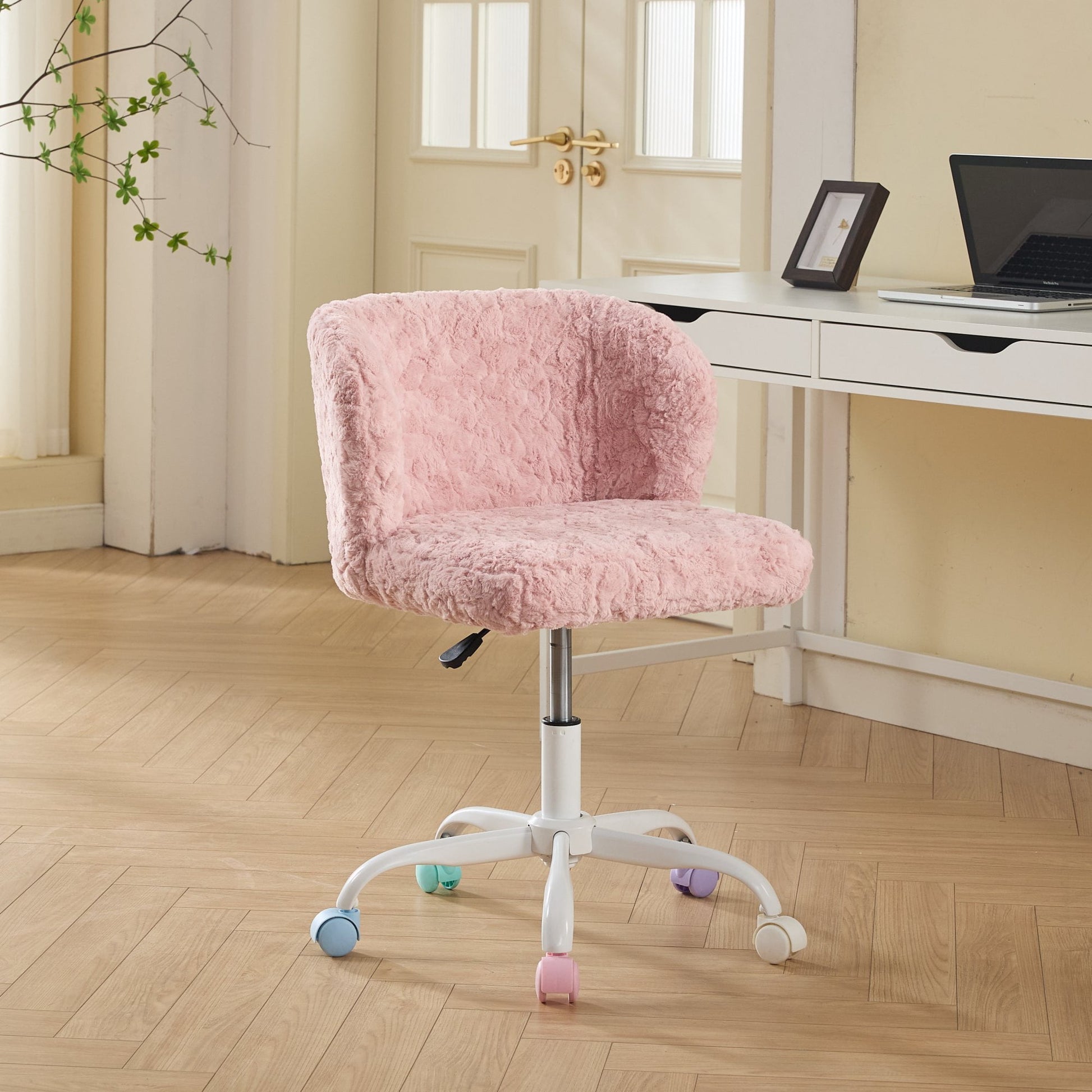 Jopath Office Chair,Artificial Rabbit Hair Home Office Chair with Metal Base,Adjustable Desk Chair Swivel for Office Vanity (Pink)