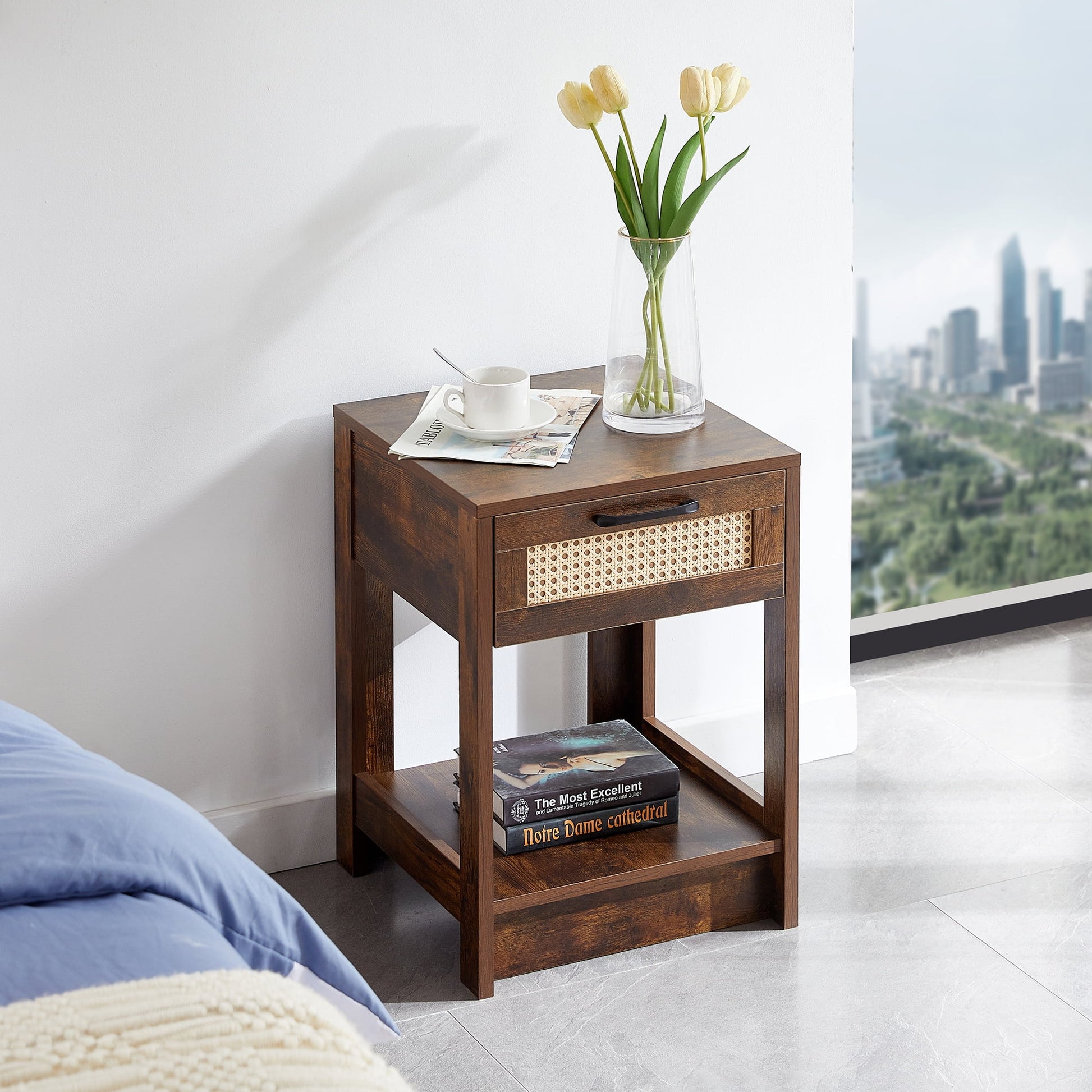 Jopath Rattan Side Table, Modern Nightstand Bedside Table 15.75" Bedside End Table With Drawer, Modern Farmhouse Nightstand For Living Roon, White